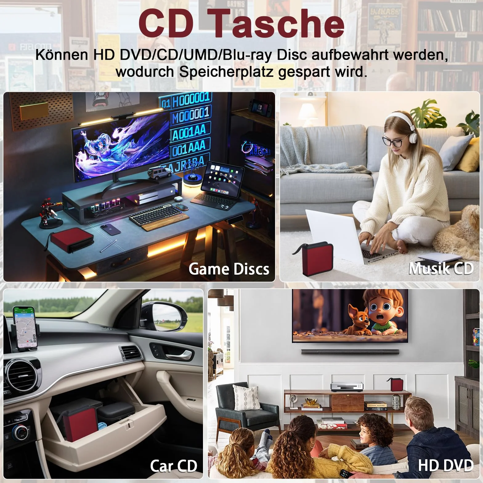 Range CD Pochette 44 CD DVD Organisateur Voiture Maison Rouge
