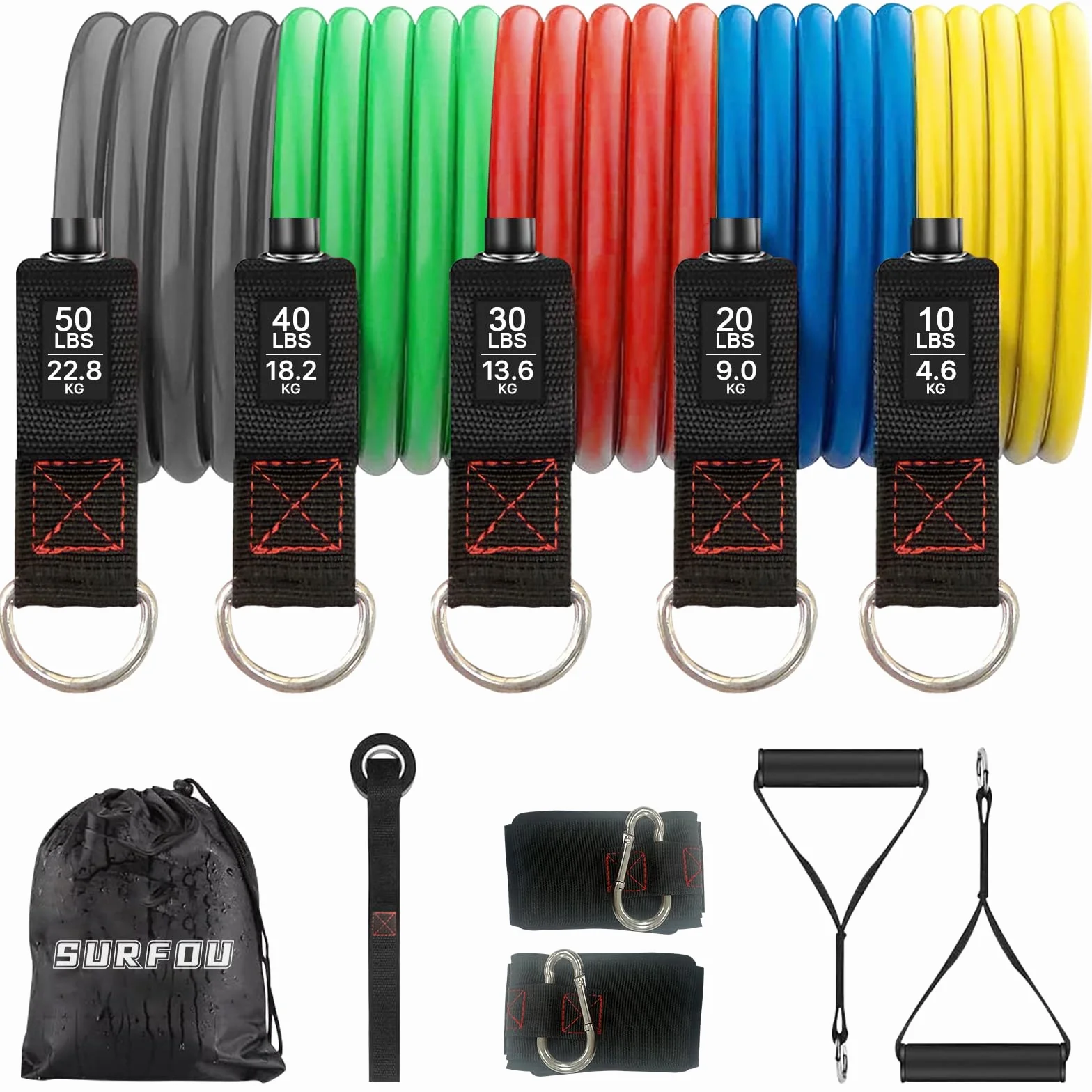 SURFOU Elastique Musculation 5 Niveaux avec Poignées, Sangles de Cheville, Ancrage de Porte, Poster et Sac de Rangement pour Pilates