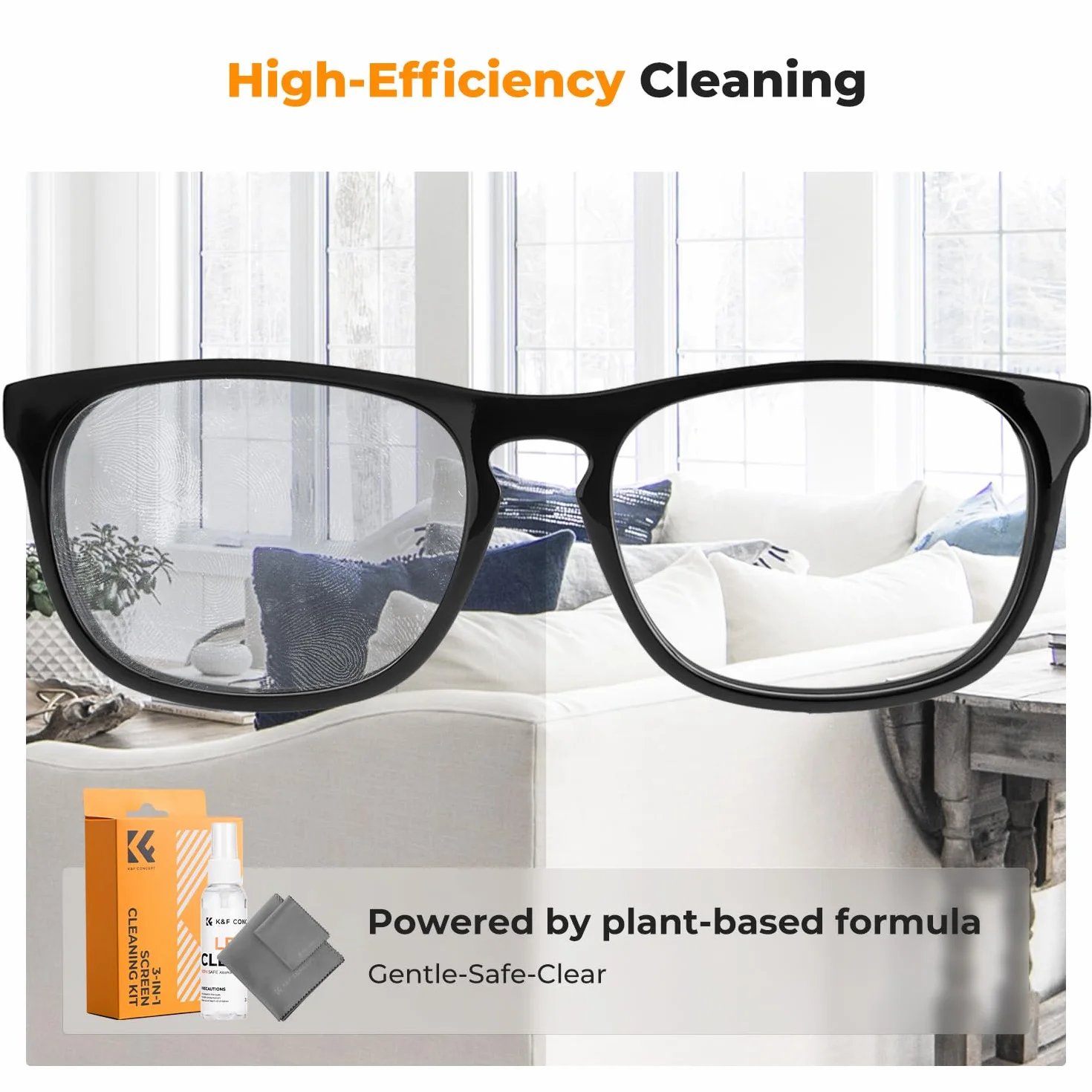 K&F CONCEPT Kit de Nettoyant pour Lunettes de Vue, Objectif Photo, Écran, Caméra, TV, Smartphones, Nettoyage en Douceur sans Alcool - Chiffon Microfibre 15x15cm + 40x40cm + Spray Nettoyants 60 ML