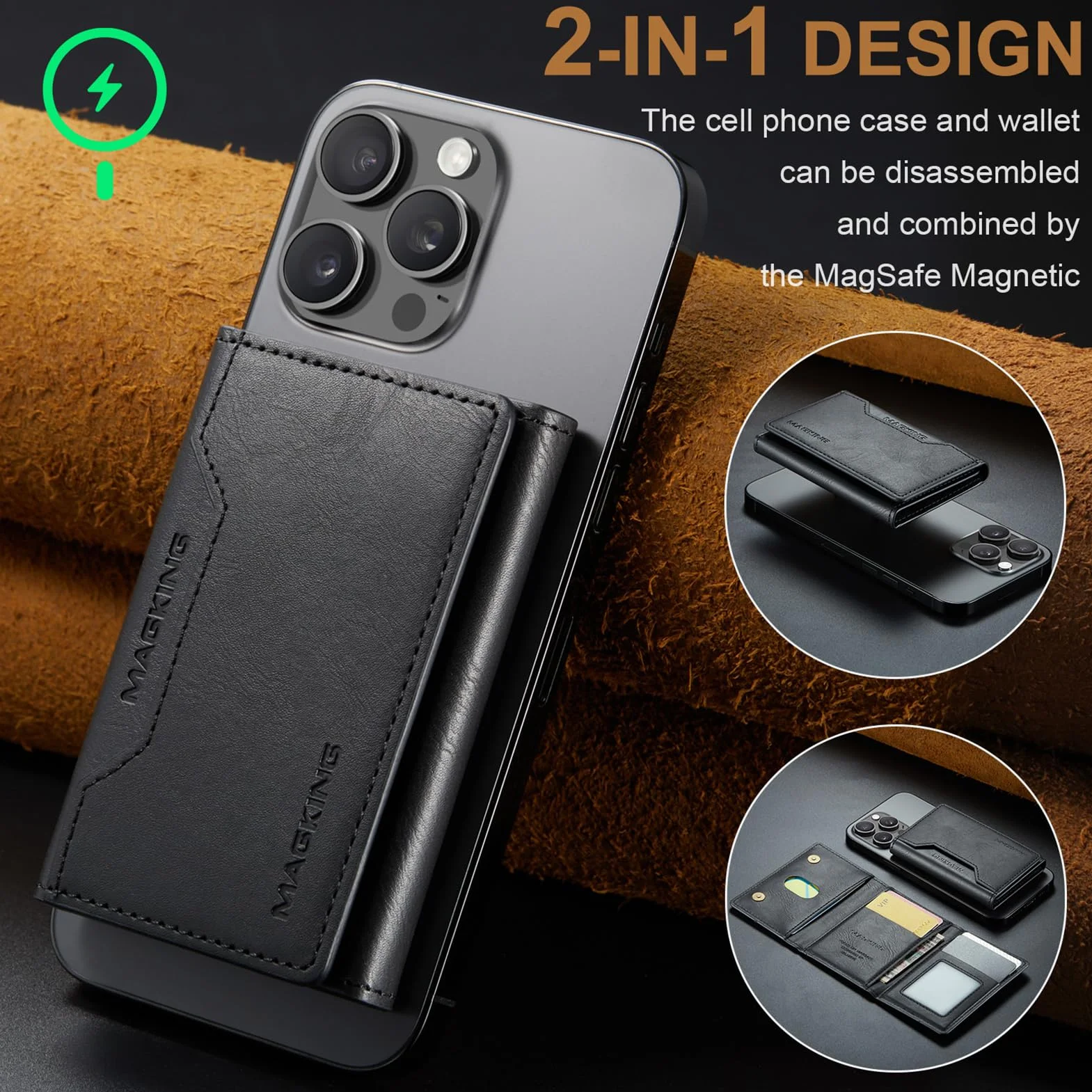 Portefeuille Cuir PU RFID 8 Cartes pour iPhone 17/16/15/14/13/12 Marron