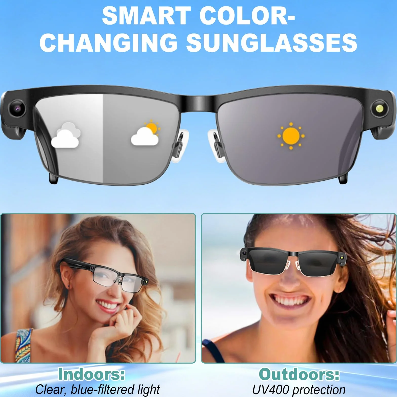 Lunettes AI Smart Camera, 4K 800 W Lunette Camera HD avec Assistant IA pour Traduction en Temps Réel, Traduction Simultanée Identification d'objet GPT lentilles photochromiques, Lunettes Connectées