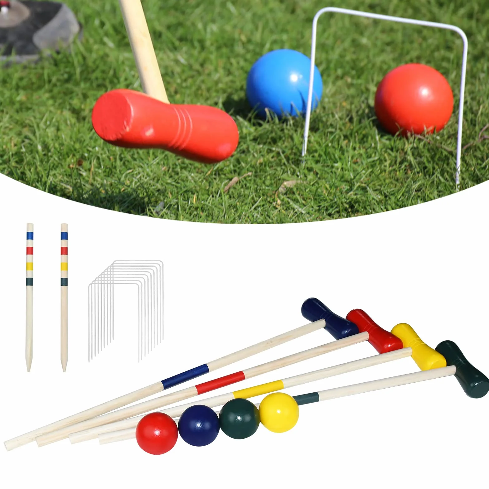 XMTECH Jeu de croquet en bois pour 4 joueurs - Kit complet avec piquets, enrouleurs et balles