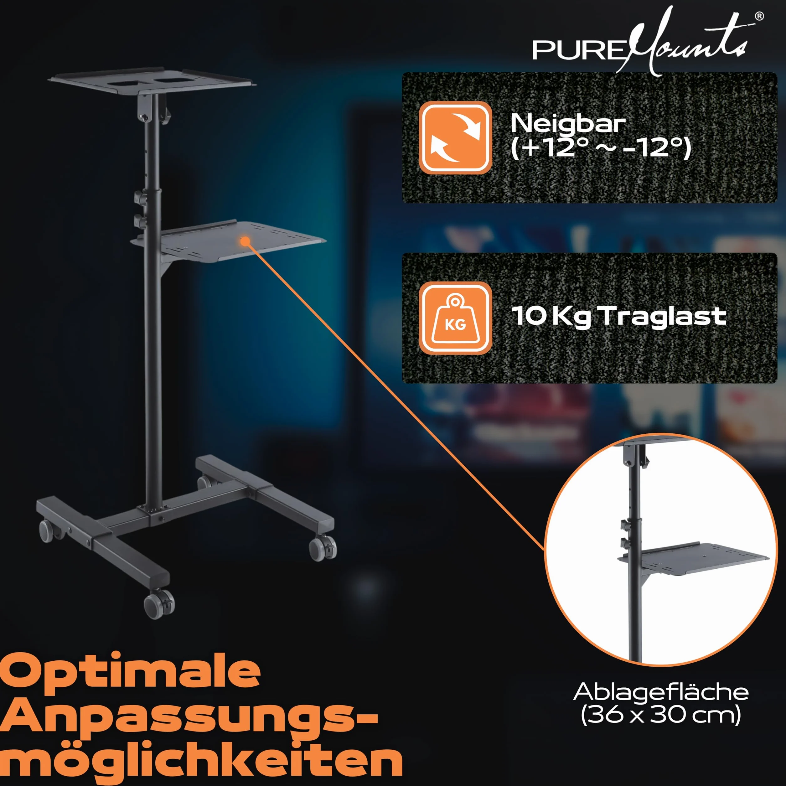 PureMounts PM-PCART-10 Chariot de Projection inclinable réglable 950-1450 mm, roulettes verrouillables, charge 10 kg, Noir
