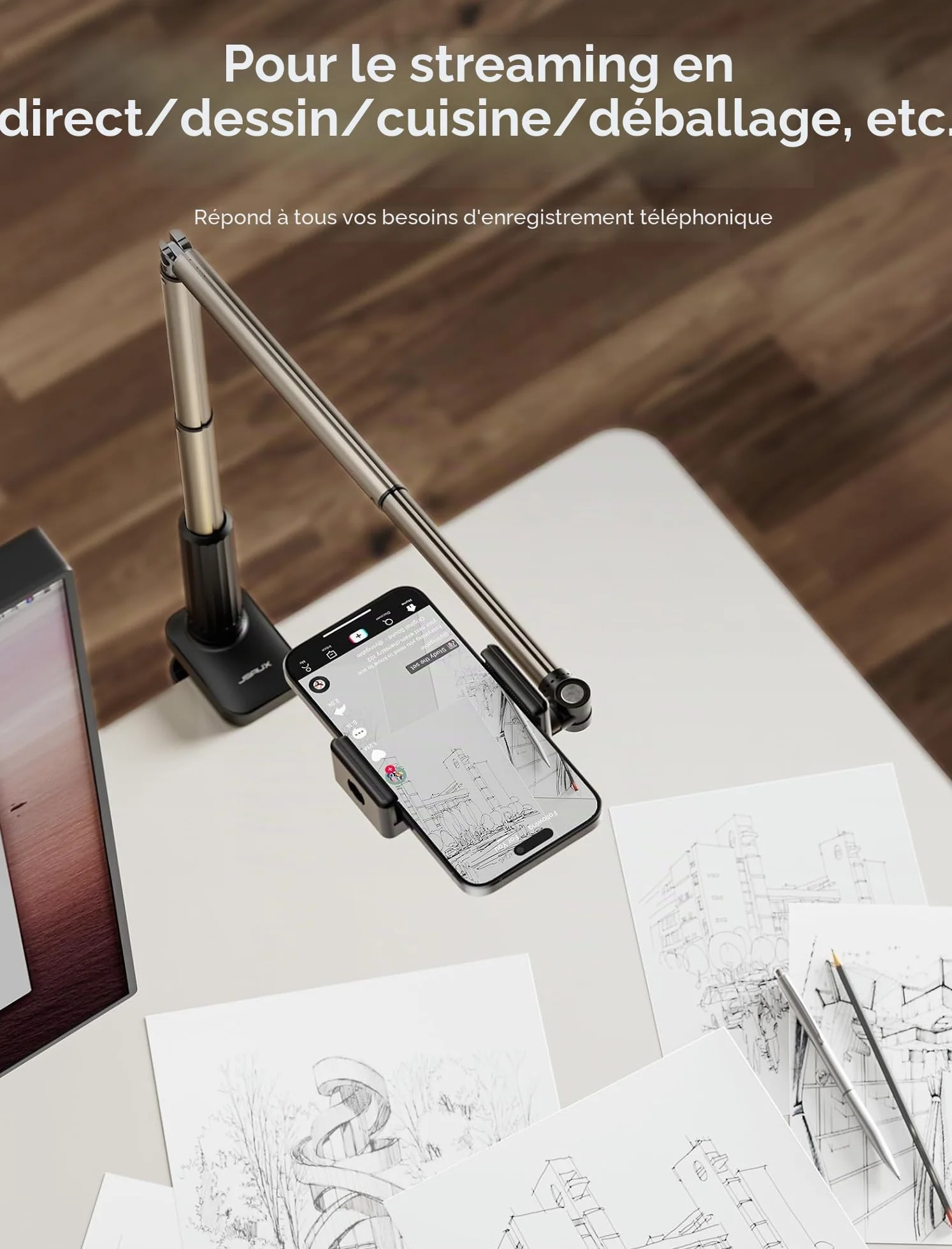 JSAUX Support de téléphone pour Bureau et lit, Support de téléphone Flexible Universel à 360° avec Pince de Serrage pour Table de Chevet, Compatible avec iPhone 14, 13, 12, 11, etc. [Noir]