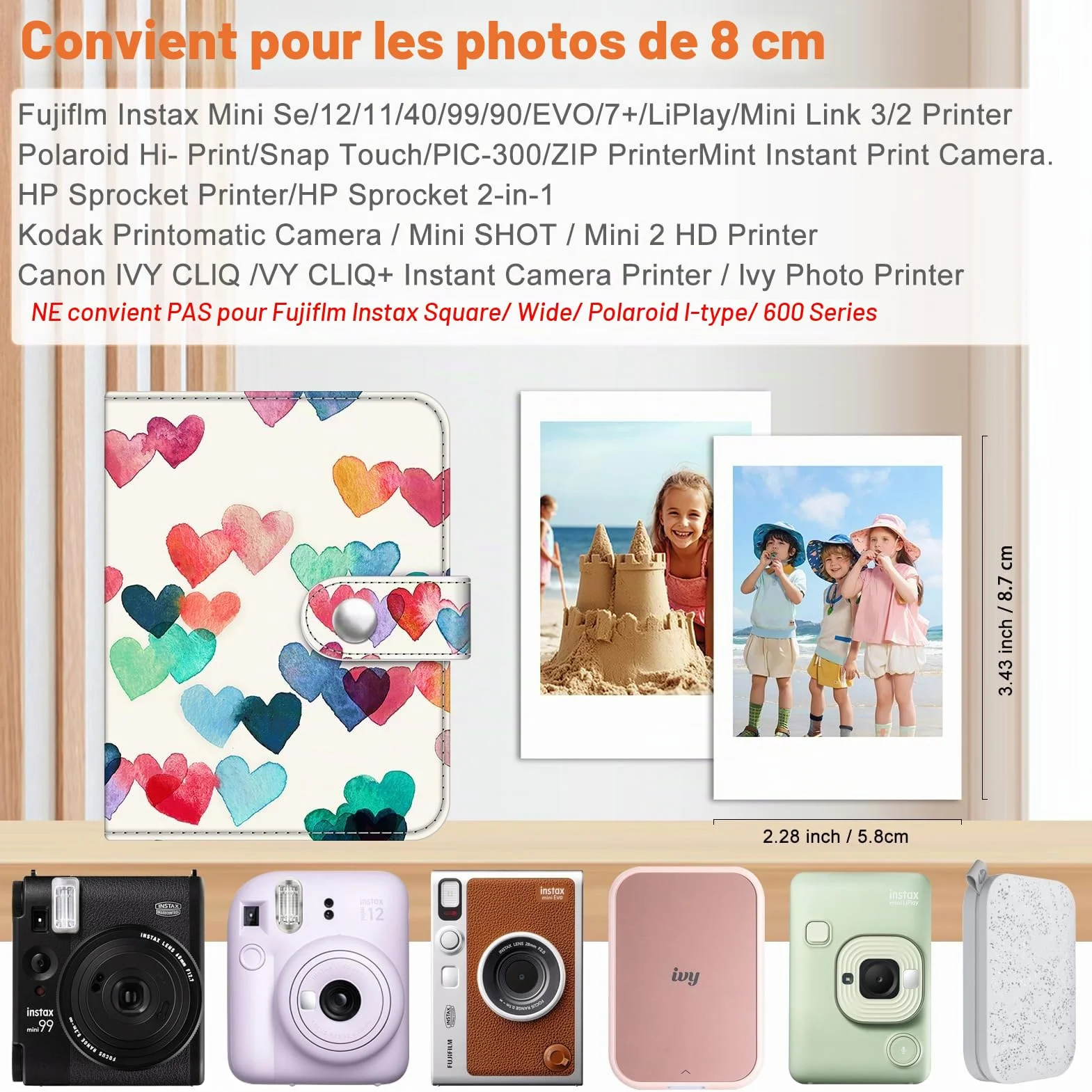 FINTIE Mini Album Photos pour Photo 2 x 3 Pouces (5.4 x 8.6 cm), 52 Photo, Album Photo pour Fujifilm Instax Mini Se/12/11/40/99/7+/LiPlay, Polaroid Hi-Print etc, Coeurs Pluie