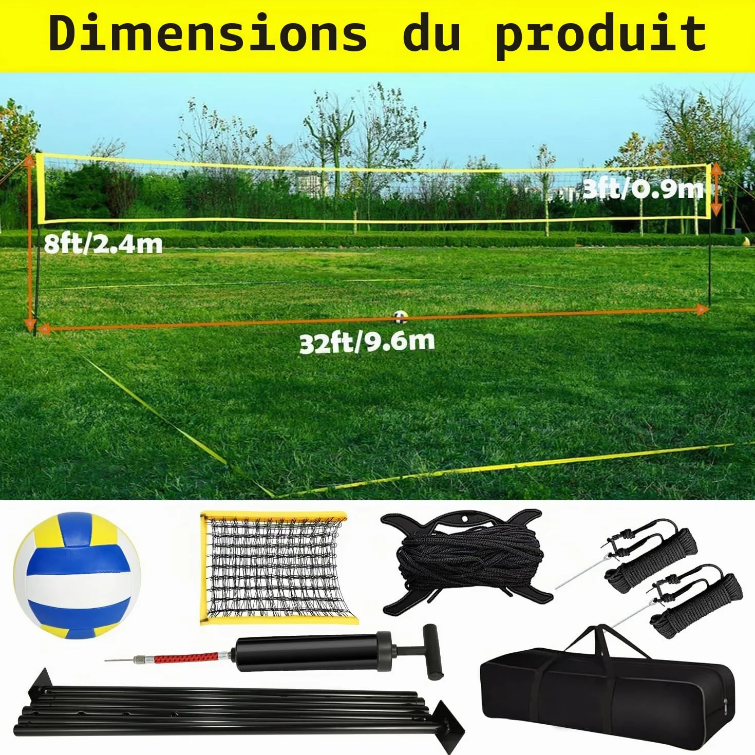 Ensemble de Filet de Volleyball 9.5m x 1m avec Poteau en Acier, Hauteur réglable