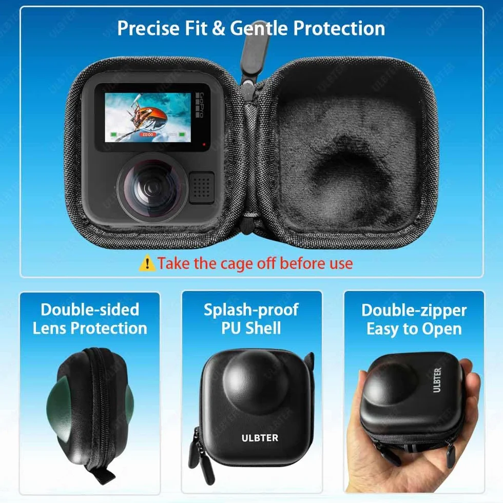 ULBTER Mini étui pour appareil photo GoPro Max 2 avec mousqueton acier inoxydable et dragonne