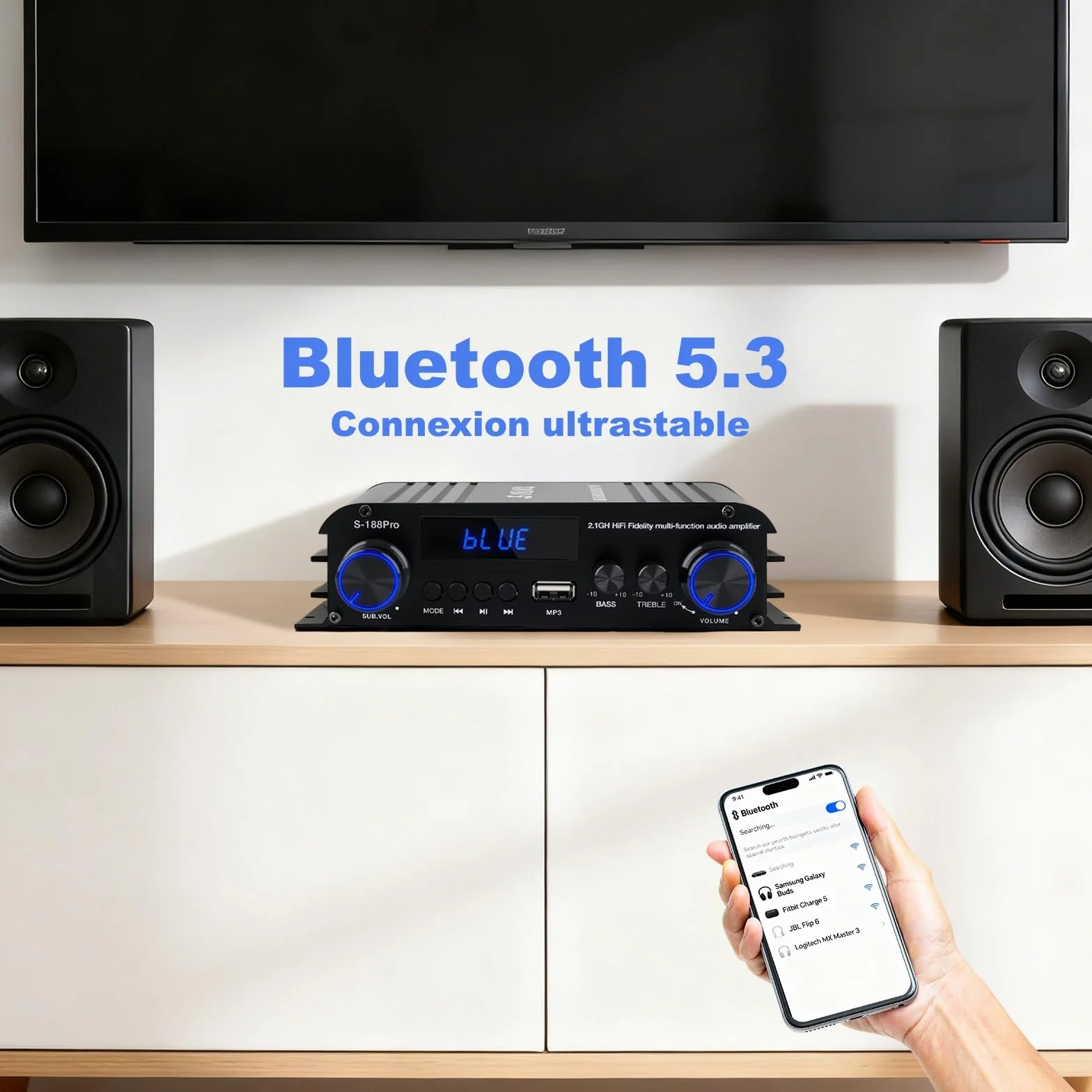 2.1 Chaîne Amplificateur Audio 50W×2 + Caisson de Basse 60W, 1000W Puissance de Crête, Bluetooth 5.3, Aux/USB/MP3, Réglage Grave/Aigu – Pour Home Cinéma, TV, Voiture