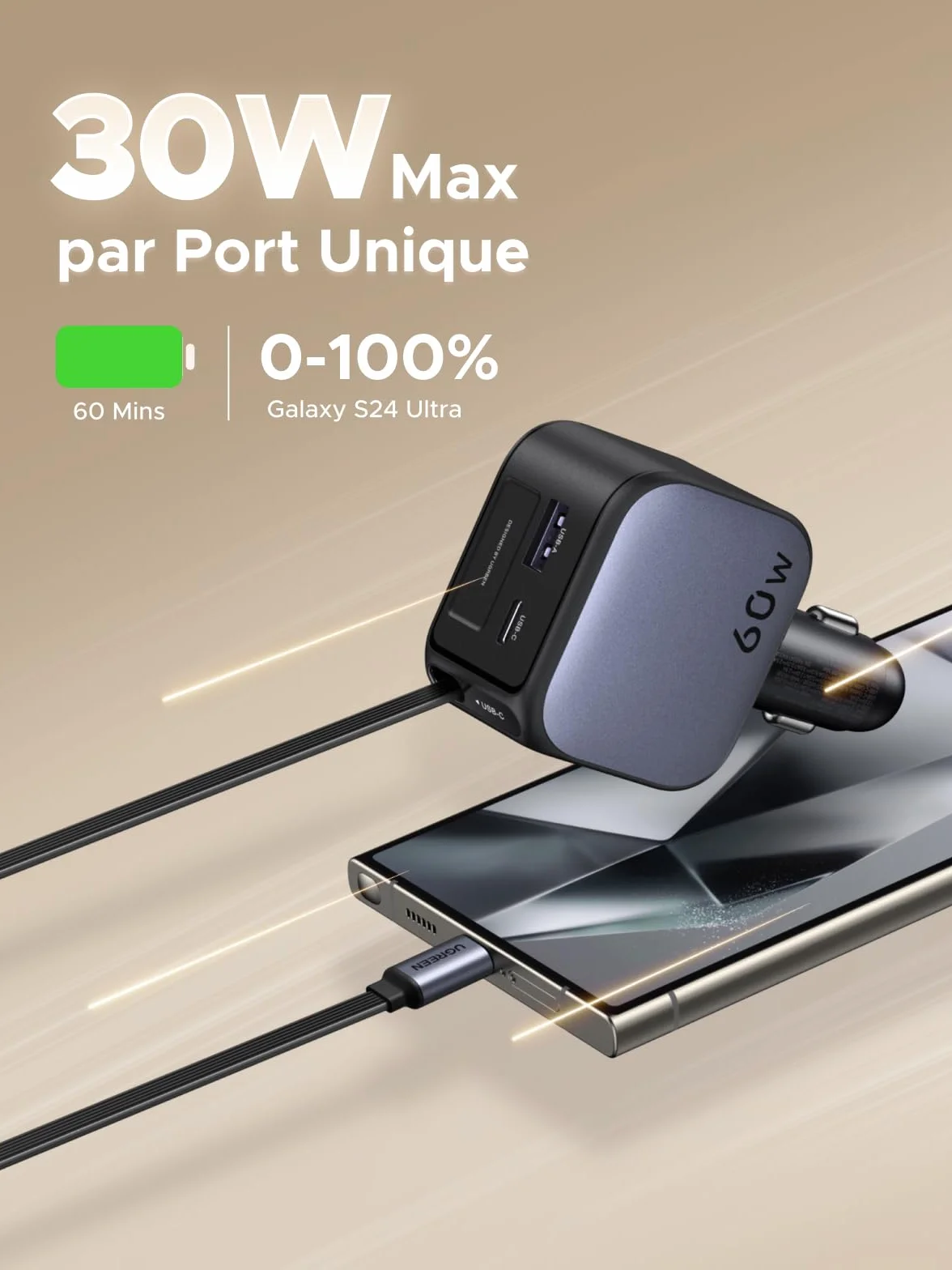 UGREEN Nexode 60W Chargeur Allume Cigare USB C Rétractable PPS PD QC 3.0 Chargeur Voiture Charge Rapide Compact Compatible avec iPhone 17 Pro Max Air 16 15 14 13 12 Galaxy S26 Ultra S25 iPad Pro Air