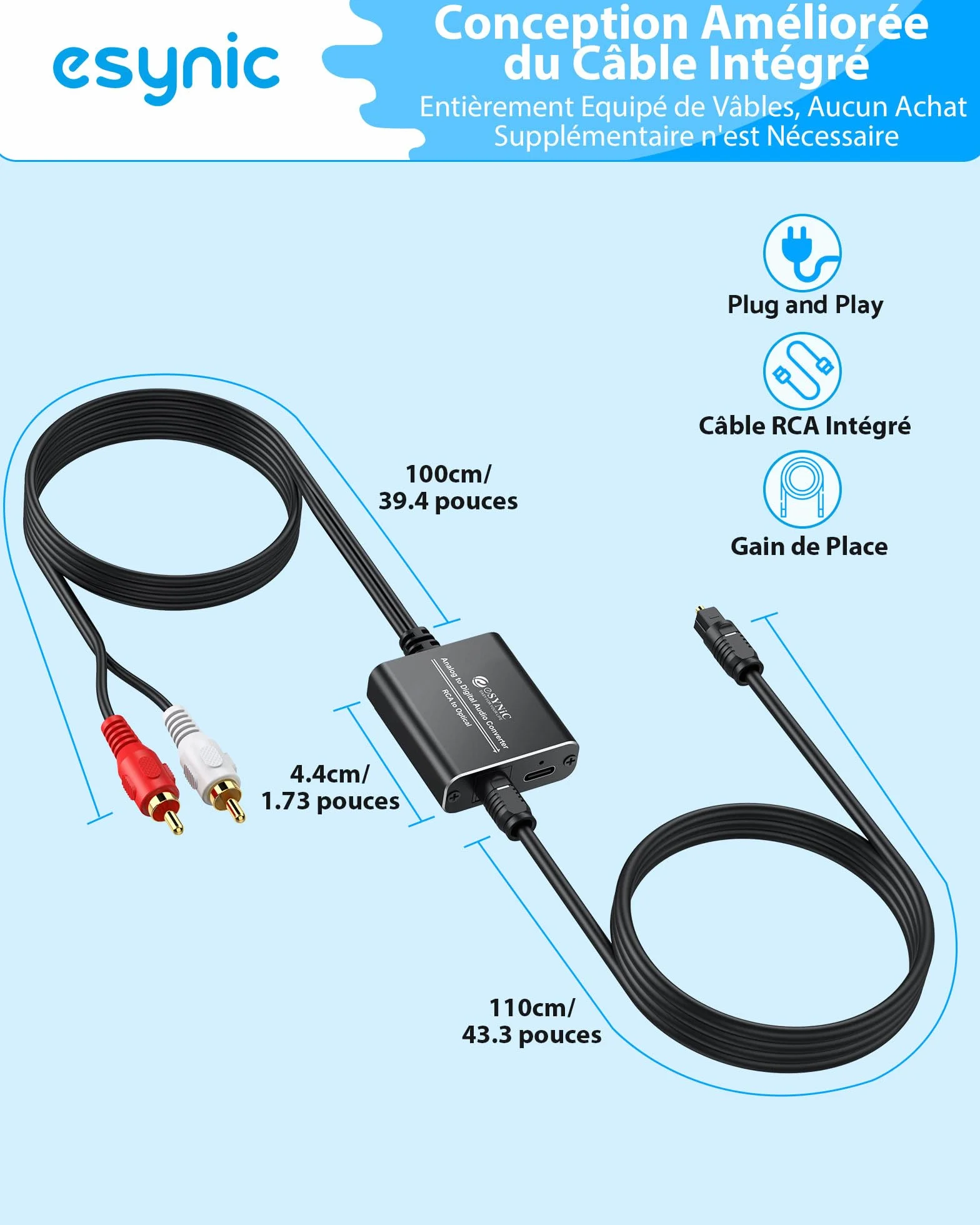 eSynic Convertisseur RCA vers SPDIF RCA vers Optique 48KHz Alliage Aluminium Câble Intégré de 1,1m Convertisseur Audio Analogique-numérique pour Platine CD DVD vers Soundbar