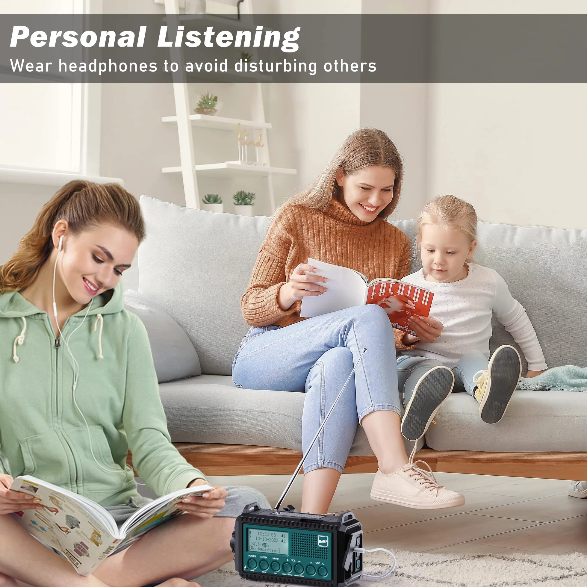 Radio à Manivelle Dab+/Dab/FM avec Batterie Rechargeable 5000mAh, Lampe de Poche, Camping Portable, Charge USB, Dynamo SOS