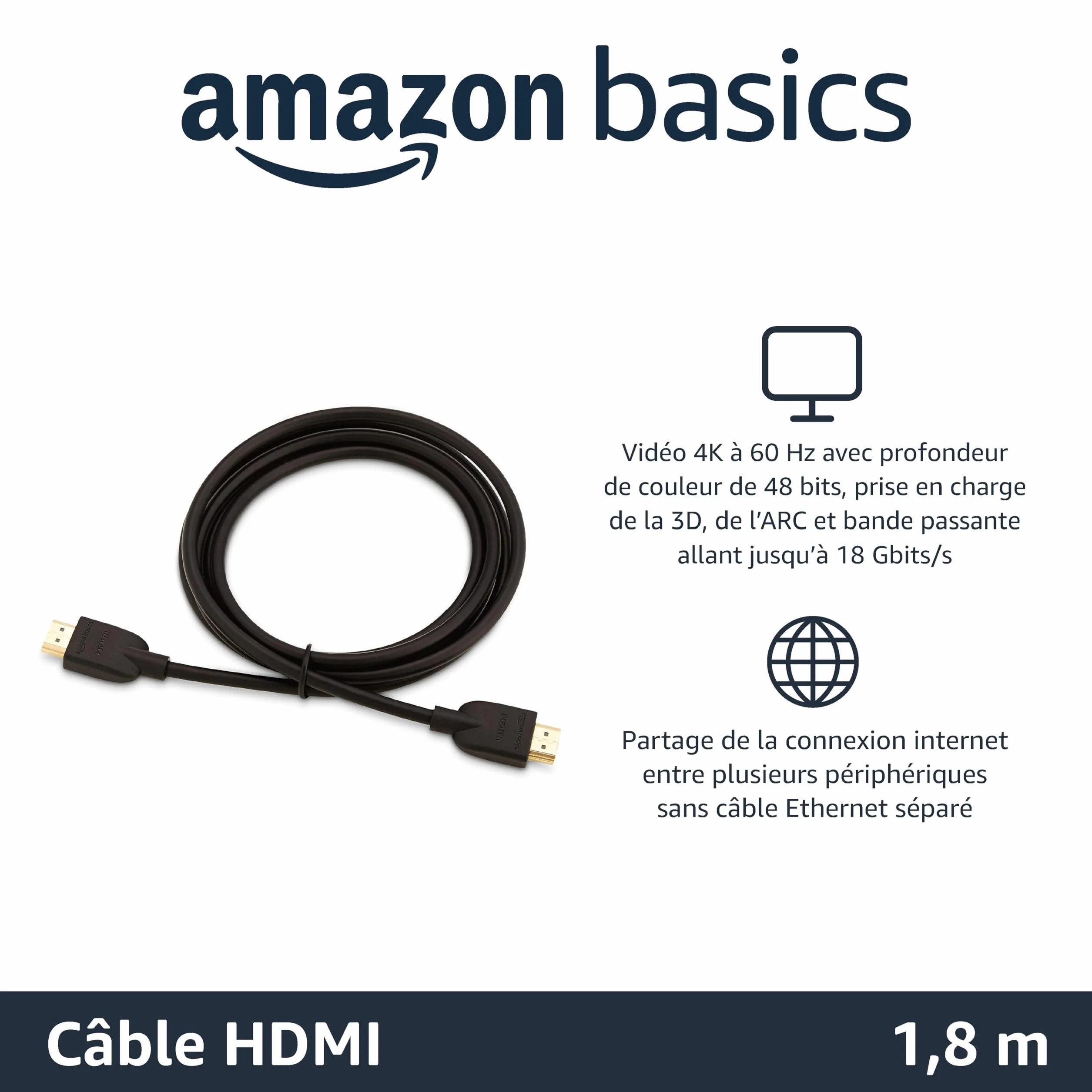Amazon Basics Câble HDMI 4K 1.8 m 18 Gbps avec Ethernet 4K@60Hz 2160p Noir