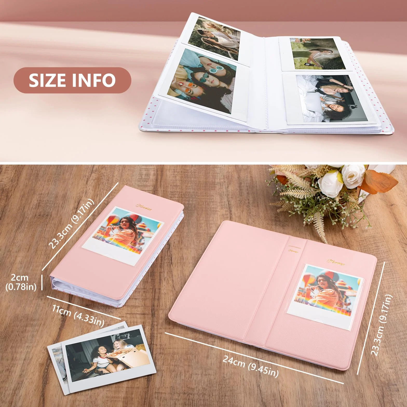 Album photo à 64 pochettes pour Fujifilm Instax WIDE 400/WIDE EVO, livre photo en cuir PU pour Instax Wide 300/210/200/Polaroid 600 i-Type Photo – Album photo 8,9 x 10,9 cm – Rose