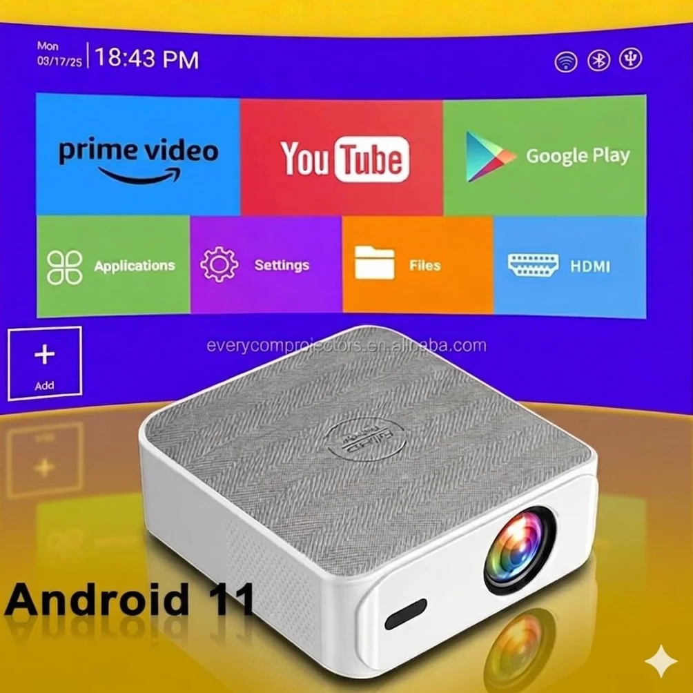 Projecteur Portable 4K Full HD 1080P avec Support Ajustable Intégré, HDMI/USB, Home Cinéma