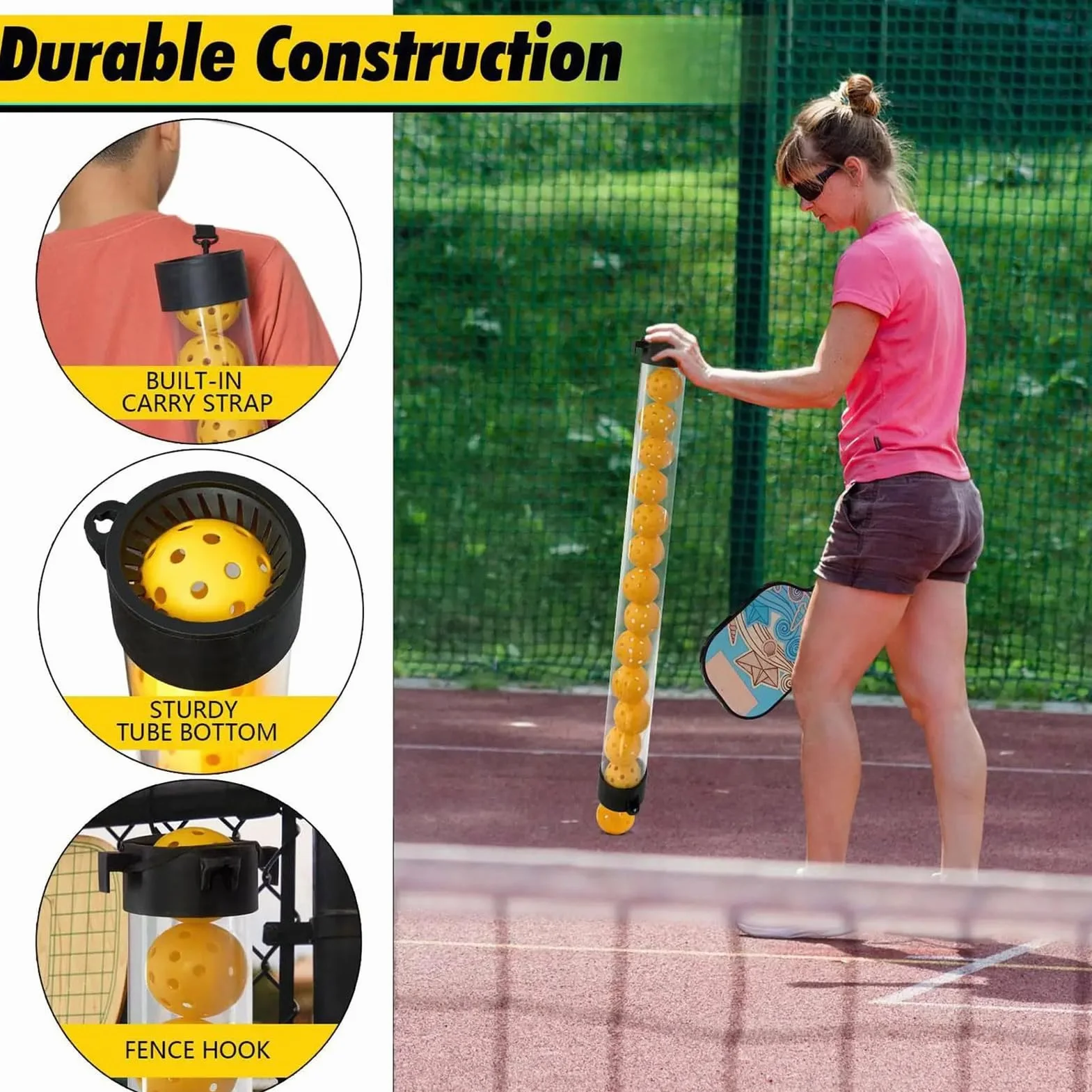 Retriever Tube de ramassage de grande capacité pour 12 balles, chariot transparent pour tennis, pickleball et golf