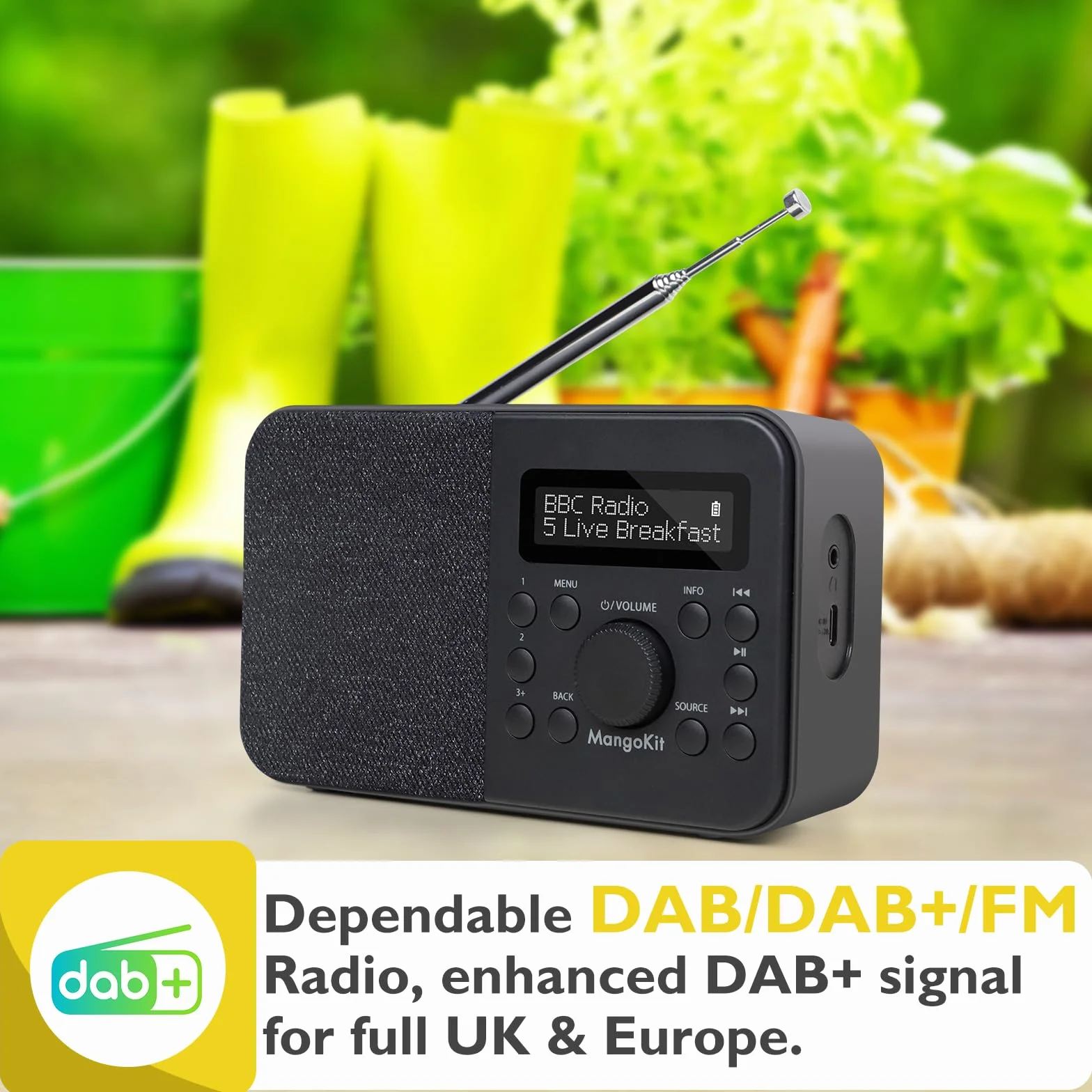 Radio Numérique DAB Portable FM Bluetooth avec Écran, Réveil, 40 Stations Préréglées - Noir