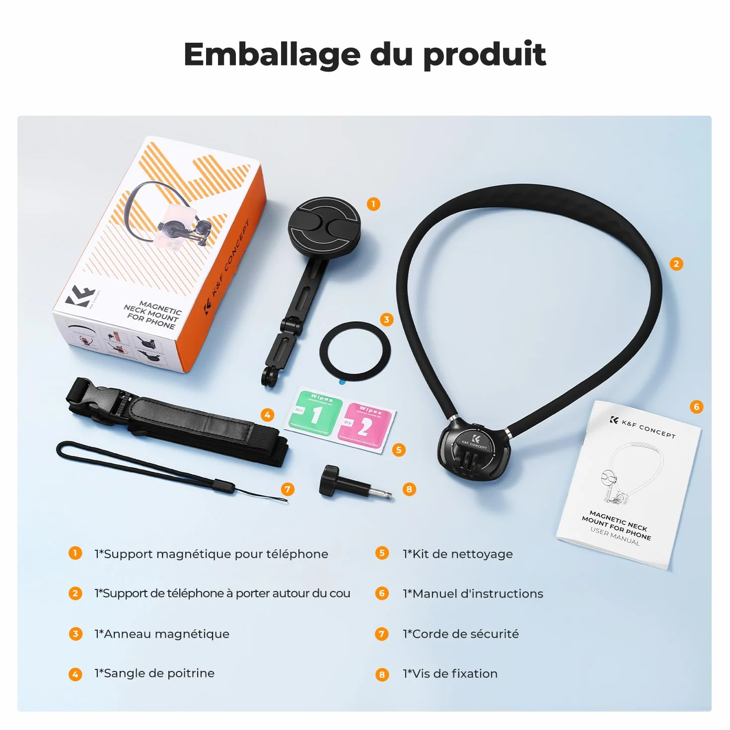 K&F CONCEPT 2 en 1 Support pour Cou Téléphone Portable Magnétique+Clip, POV/Vlog Porte Telephone Cou Compatible avec Les Téléphones Portables Magnétique iPhone 17 16 15 14 13 12 Series Android