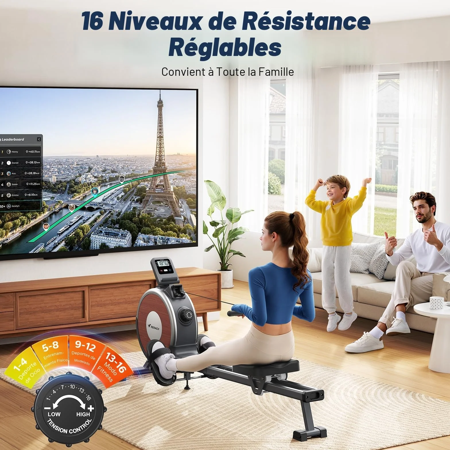 MERACH Rameur Magnétique Silencieux 16 Niveaux de Résistance Rails Doubles