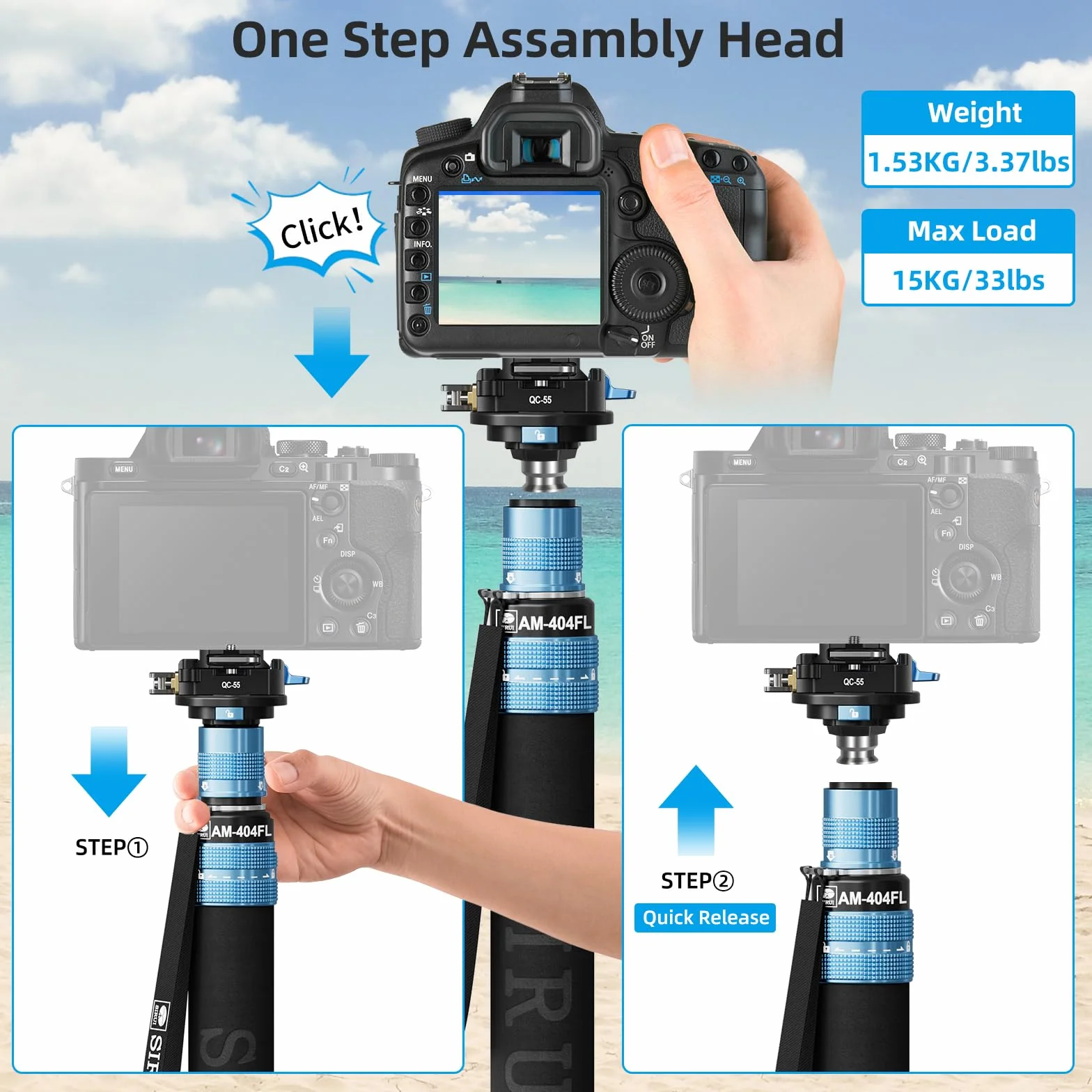 SIRUI Monopode de voyage professionnel en aluminium 192,5 cm charge maximale 15 kg compatible avec appareils photo