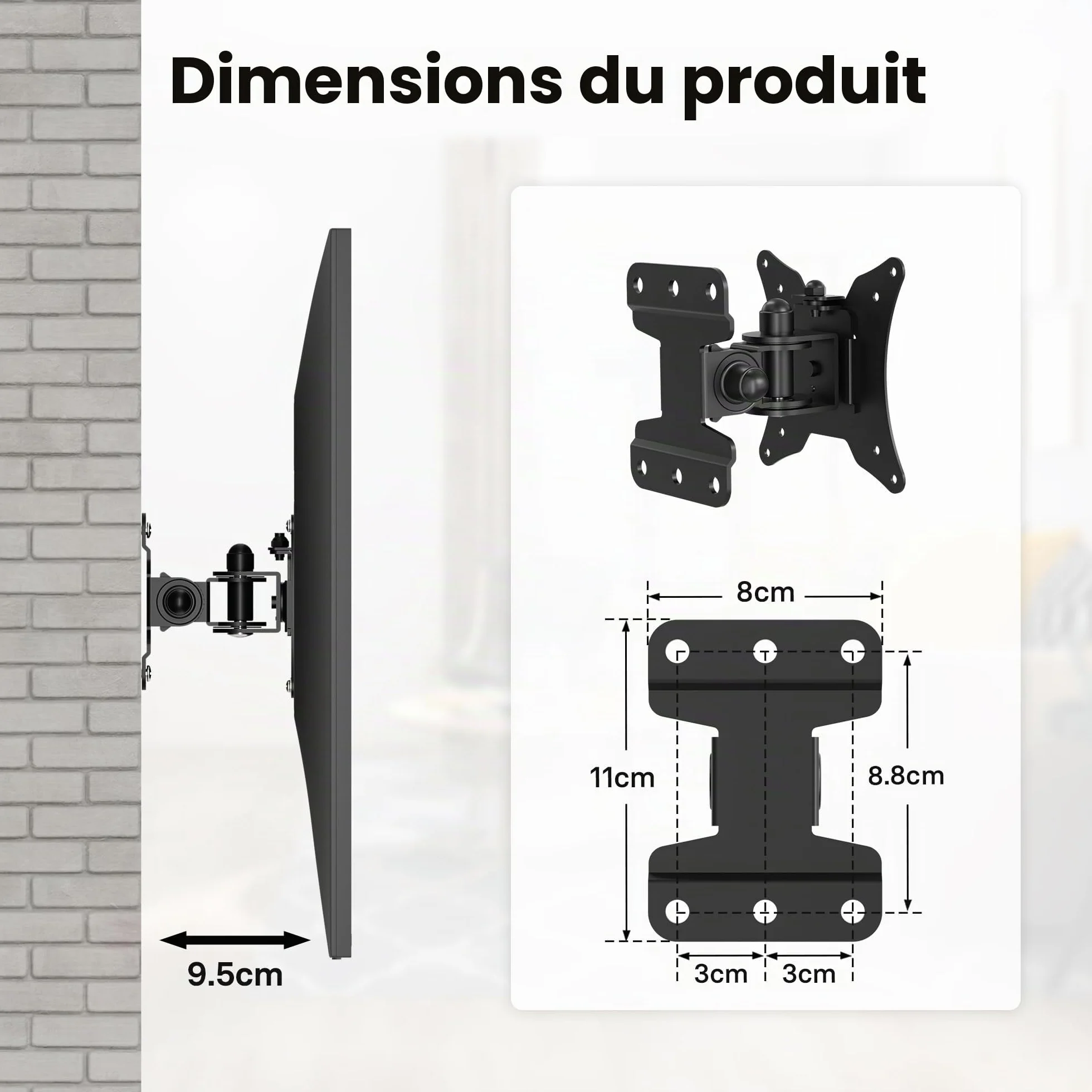BONTEC Support TV Mural Inclinable et Orientable, Fixation Universelle pour Télévision et Moniteur Plat/Incurvé 13-30 Pouces, VESA 75x75/100x100mm, Charge Max 25kg, Rotation 360°
