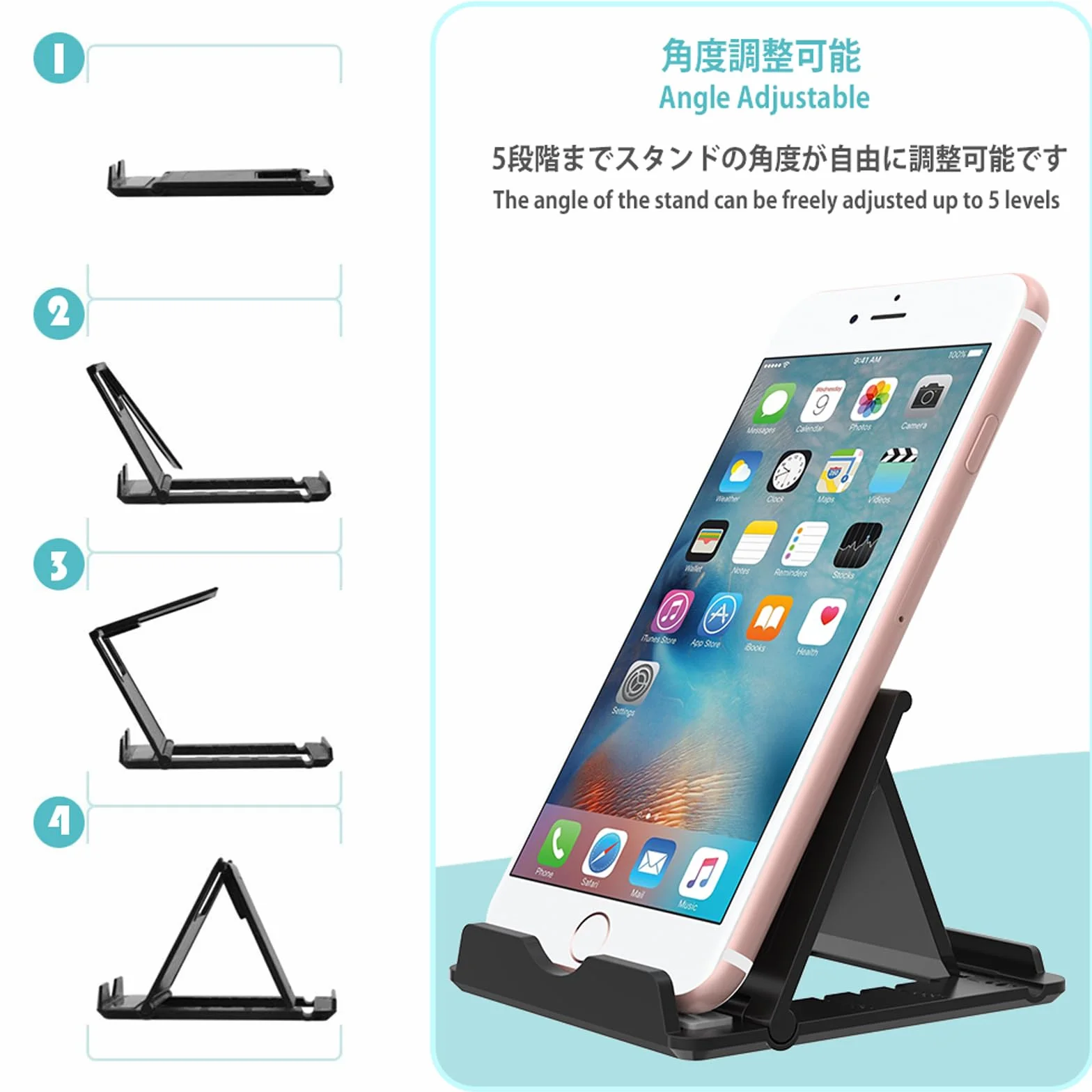 Lot de 2 Support Téléphone Bureau Pliable Compatible Smartphone Tablette Noir