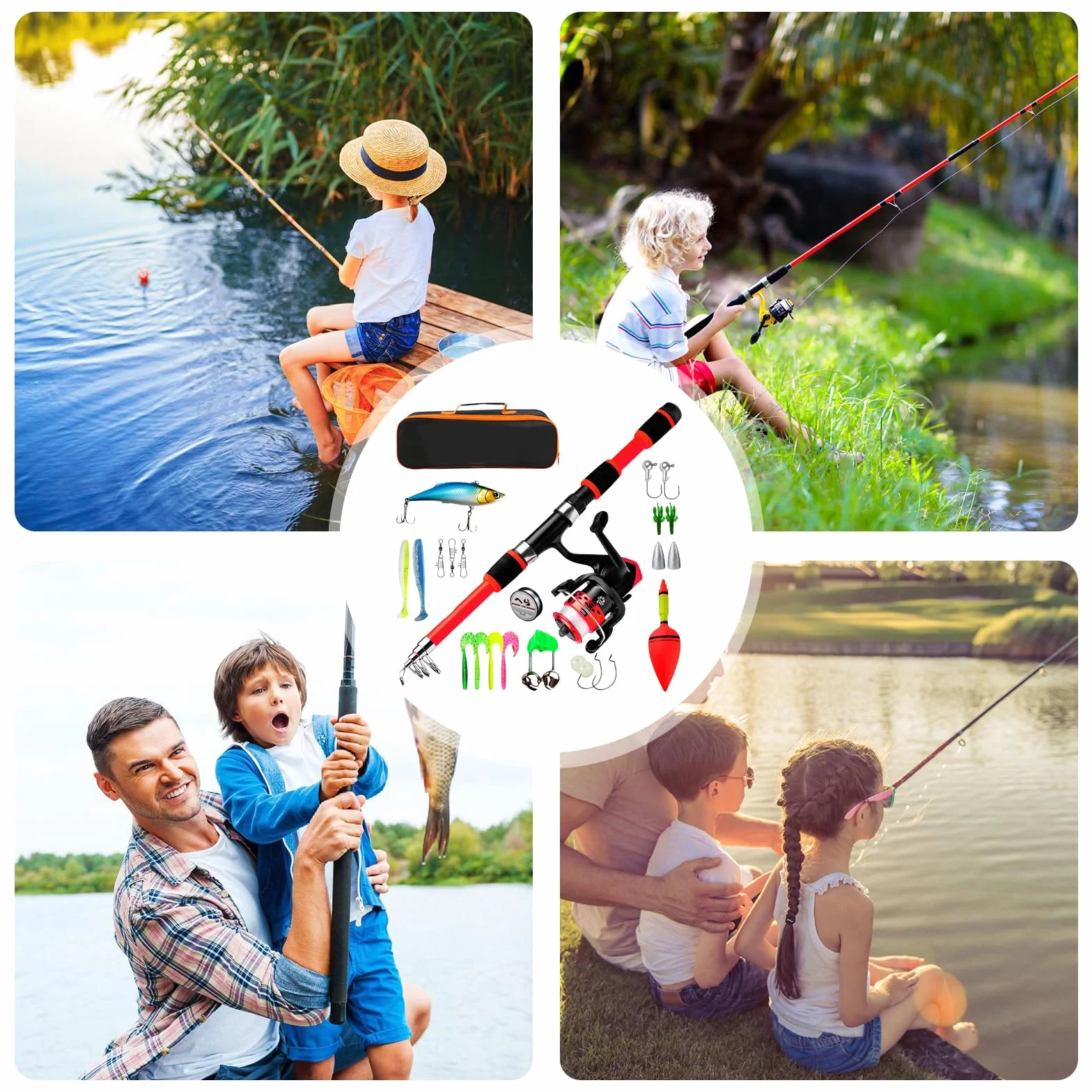 Kit de pêche pour enfants 1,8 m canne télescopique avec moulinet et appât 3-10 ans