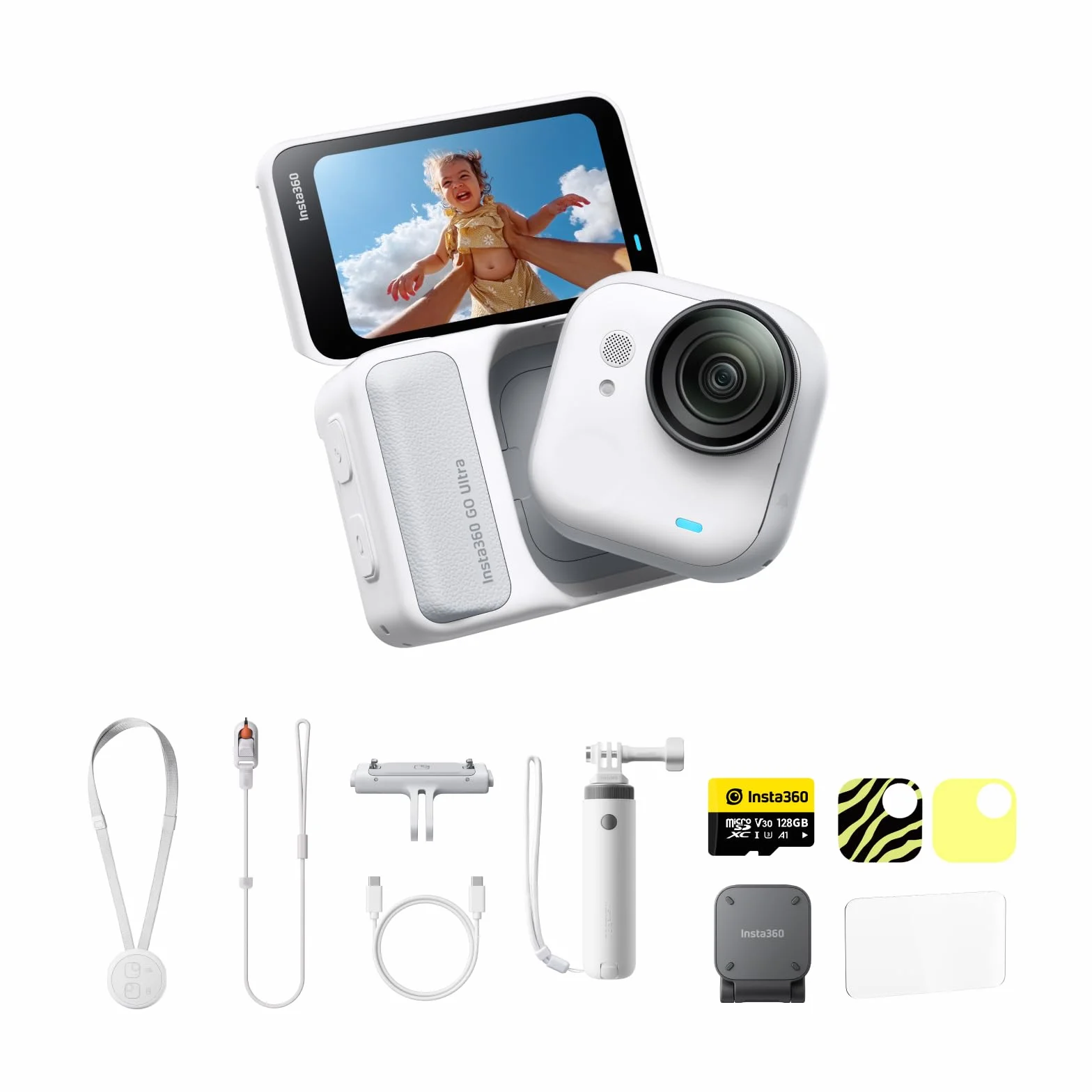 Insta360 GO Ultra Pack Lifestyle Blanc- Petite 4K caméra vlog, Mains Libres, caméra POV, capteur 1/1.28", 53 g légère, Champ de Vision 156°, 200 Min d'autonomie, Action cam Portable pour Le Sport
