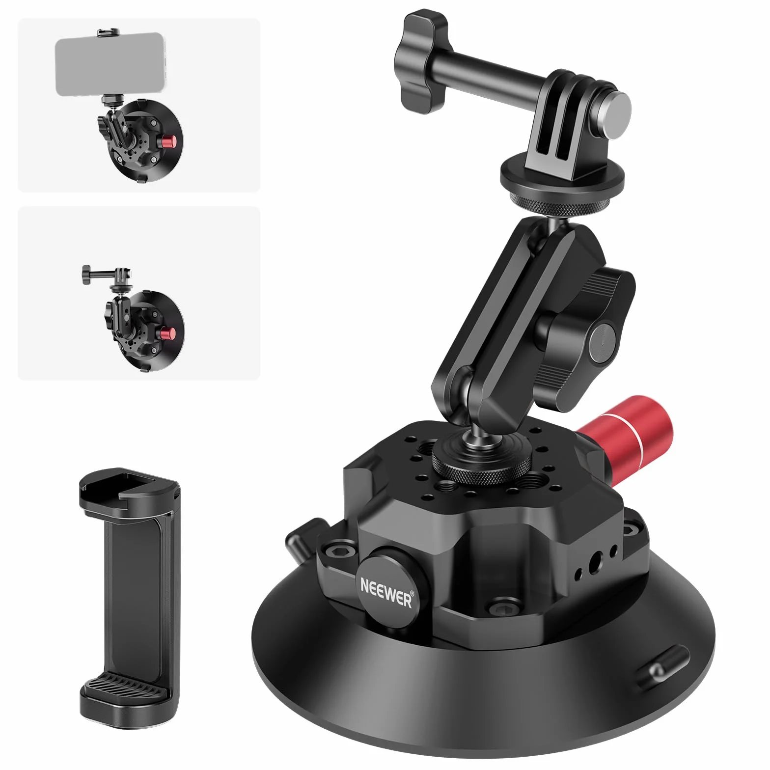 NEEWER Support Caméra Ventouse 4,5" Bras Magique, Compatible avec Arri 1/4" 3/8" Trous, Support Voiture Quick Release, Adaptateur Action Cam Compatible avec iPhone GoPro DJI Insta360, CA105