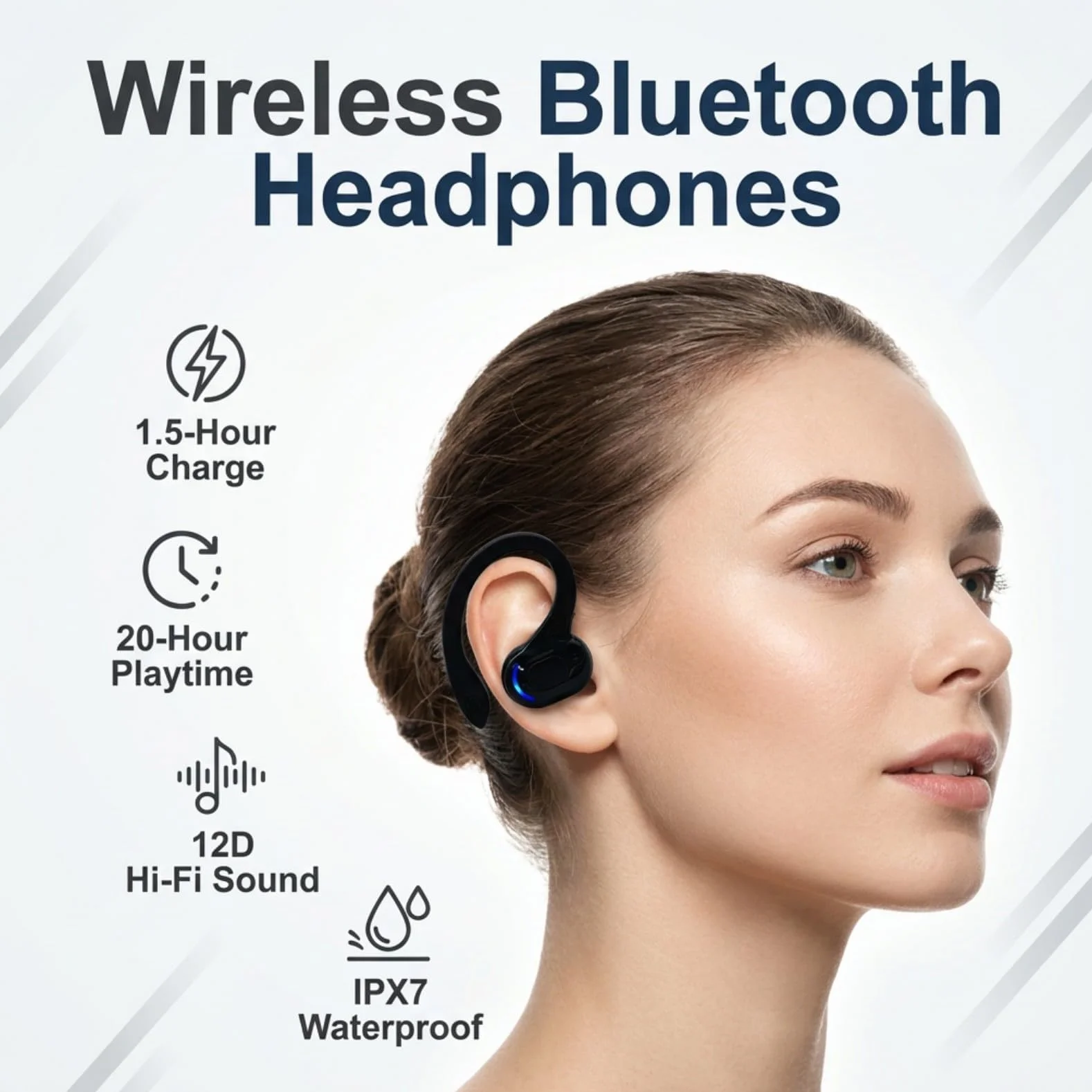 Oreillette Bluetooth Sans Fil V5.2 avec Micro Intégré, Écouteur Mono Main Libre Bluetooth, Tour d’Oreille 360°, Réduction de Bruit, 20 h d’Autonomie, Compatible avec iPhone, Android, Conduite, Sport