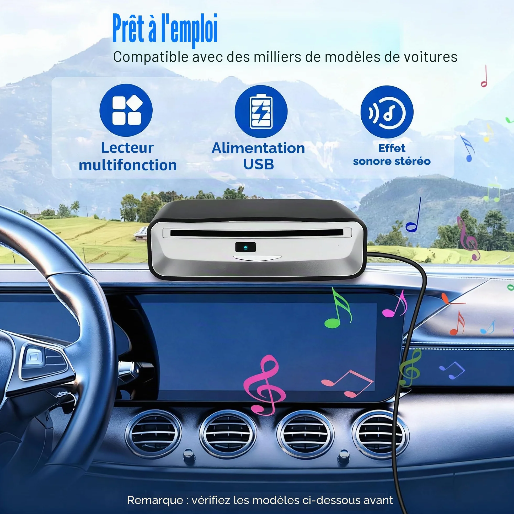 Lecteur CD DVD Externe USB pour Auto, Ordinateur, TV - Lecteur Optique Portable Plug & Play avec Connecteur USB 2.0 pour Autoradio, PC, Multimédia - Aucun Pilote Requis