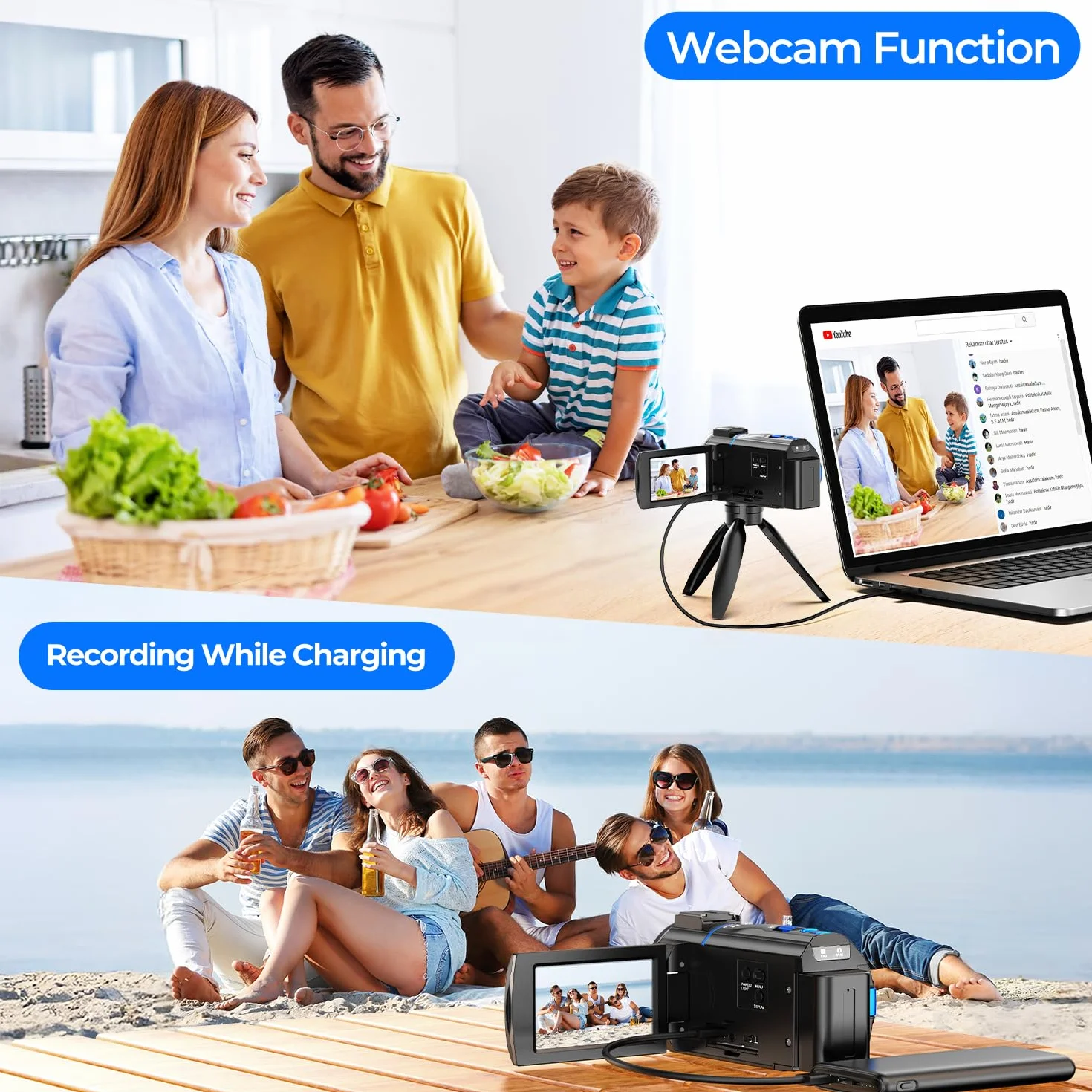 Caméra Vidéo 4K Camescope 48MP Zoom 16X Vision Nocturne Écran Tactile Rotatif 270° avec Carte SD 32Go