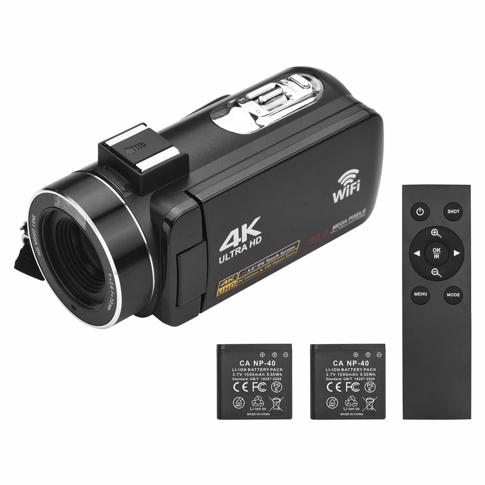 Caméra vidéo numérique 4K Caméscope WiFi Enregistreur DV 56MP Zoom numérique 18X Écran Tactile IPS 3,0 Pouces avec 2 Piles + télécommande + Sac de Transport