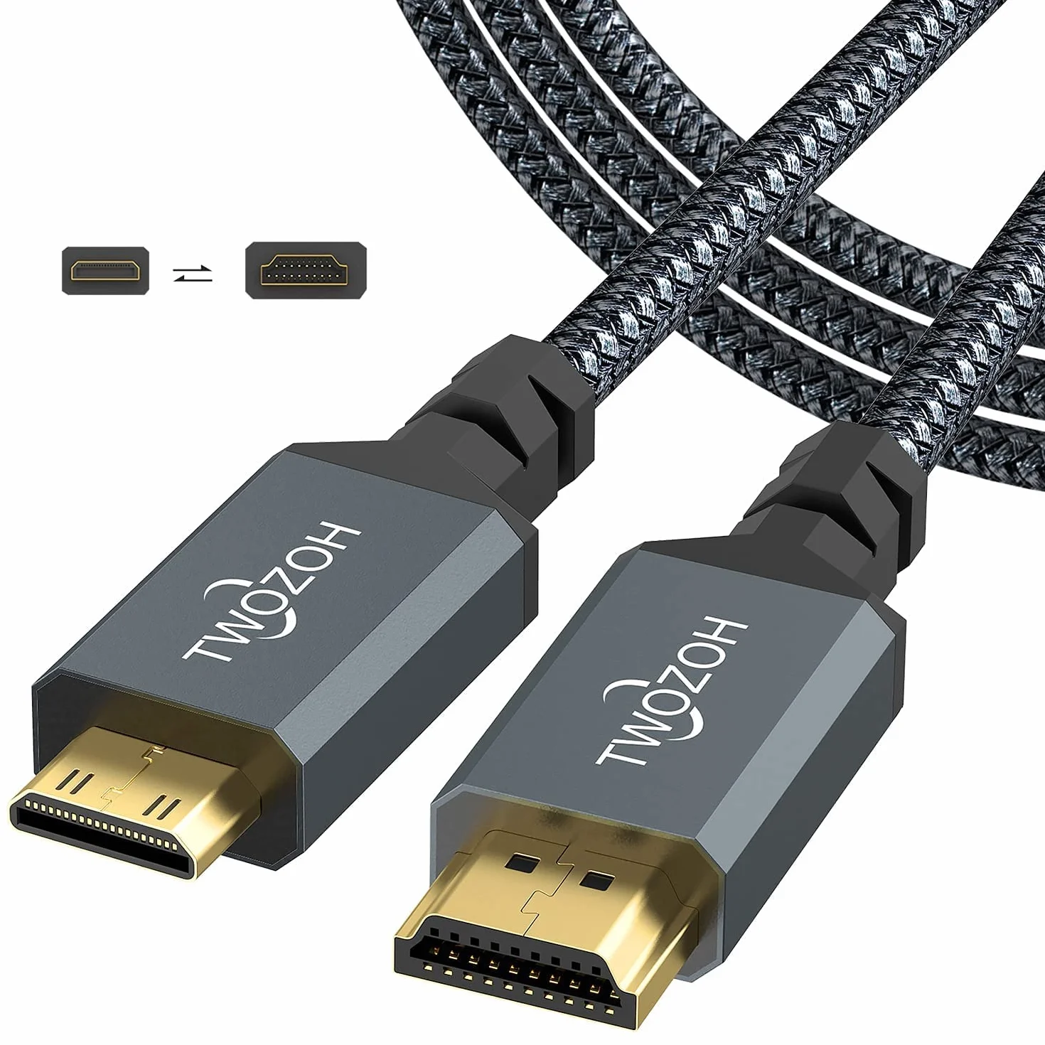 Twozoh Câble Mini HDMI vers HDMI 2M, Nylon tressé 4K Câble Mini HDMI C vers Full HDMI A, Supporte 3D Ethernet ARC 4K 60Hz 1080p