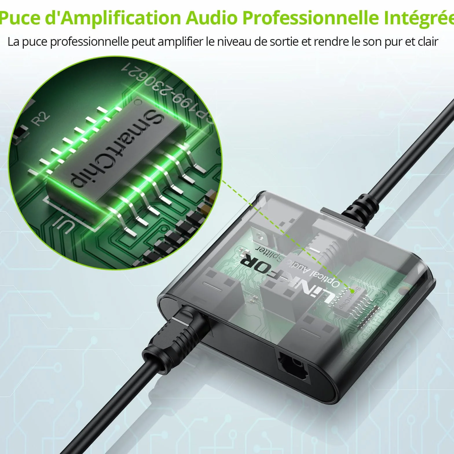 LiNKFOR Répartiteur Optique Toslink 1 Entrée 2 Sorties Câble Intégré 1m Actif avec Alimentation USB Chipset Stable Support LPCM/DTS/Dolby Digital Transmission 40m Pour Barre de Son et Casque Sans Fil