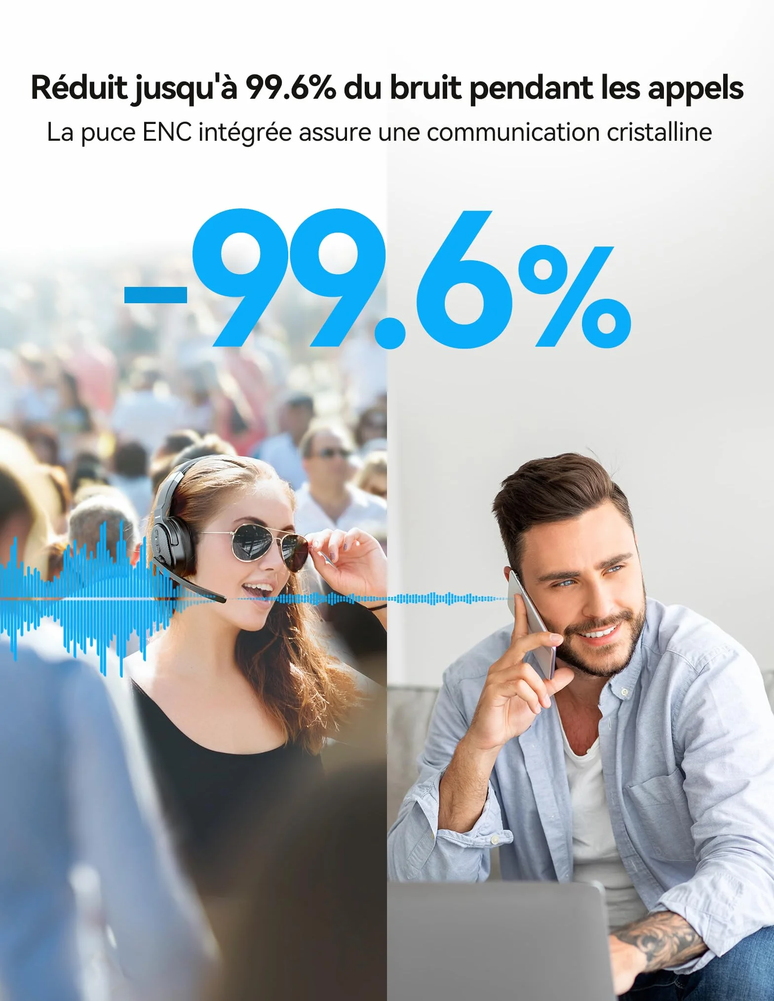TECKNET Casque Bluetooth sans Fil avec Micro, Casque sans Fil Simple et Double Oreille avec 3 Modes de Musique EQ, Casque Anti Bruit Bluetooth ENC, pour Centres d'appels, Bureaux, Camionneurs