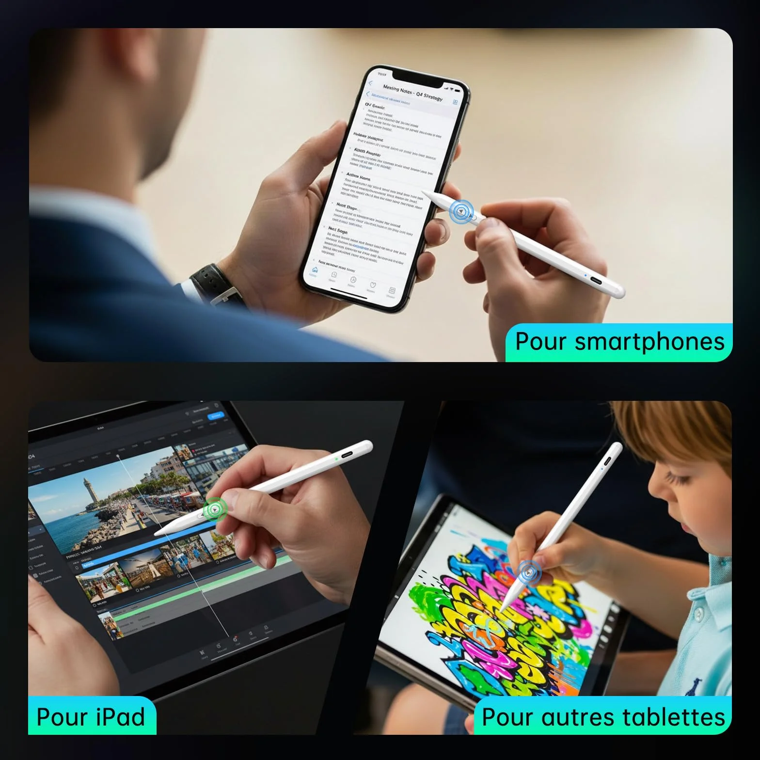 MEKO Stylet Dual-System pour Tablette, iPad, Android, Smartphone - Compatible iPad Pro/Air/Mini, Xiaomi, iPhone - Stylet Tactile Recharge Rapide (Blanc)