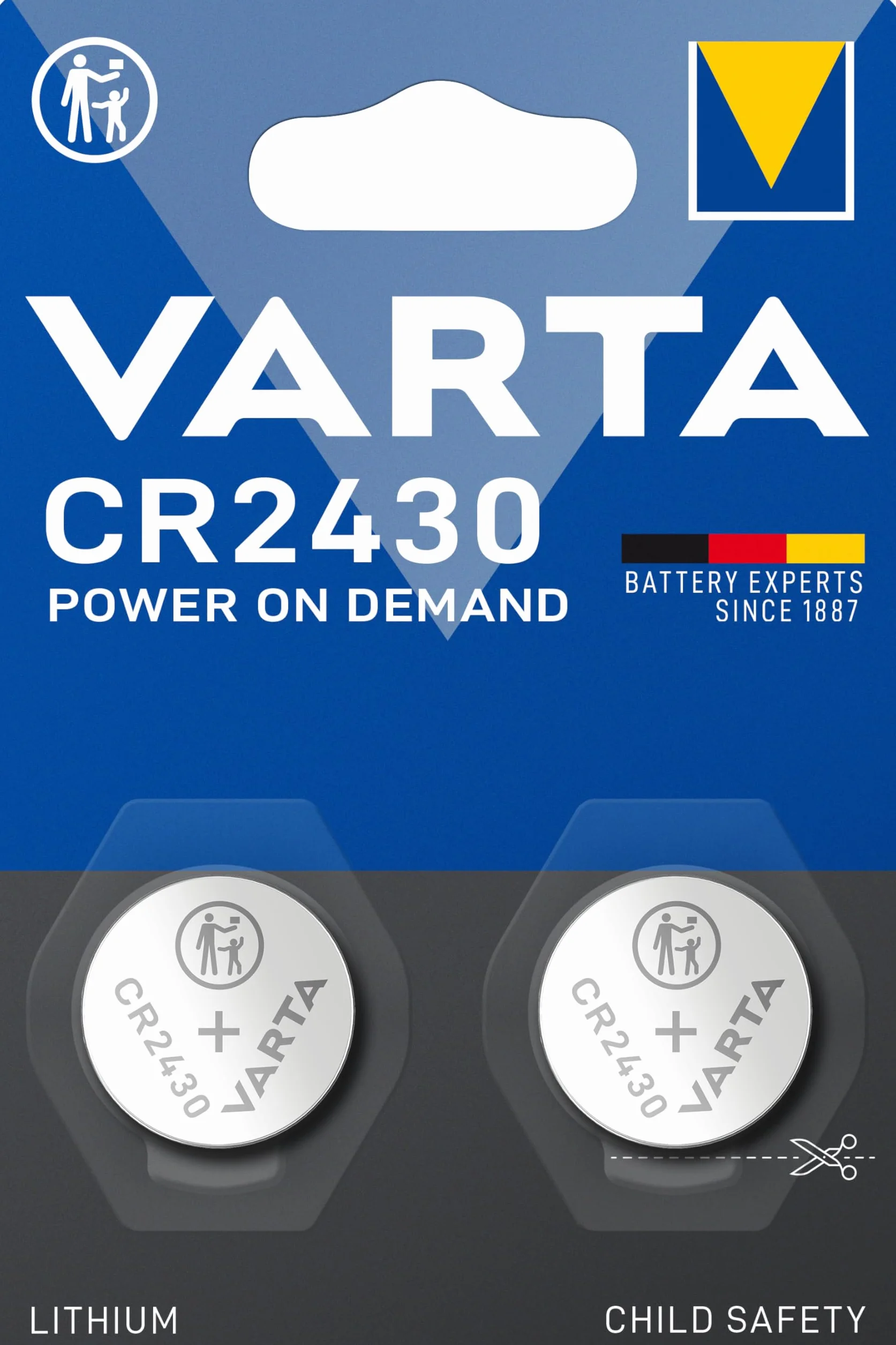 VARTA Piles Bouton CR2430, lot de 2, Lithium Coin, 3V, emballage sécurisé pour les enfants, pour petits appareils électroniques - clés de voiture, télécommandes, balances