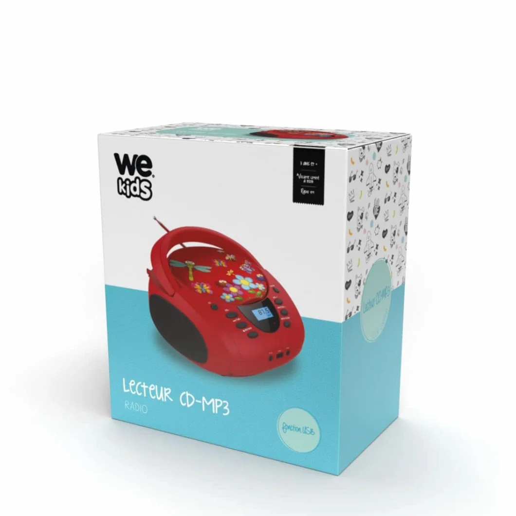 WE Lecteur - Radio CD - USB WeKids: FM, Lecteur CD/CD-R/CD-RW/MP3, RMS2*2W, entrée Aux et Micro, modèle Rouge Insecte