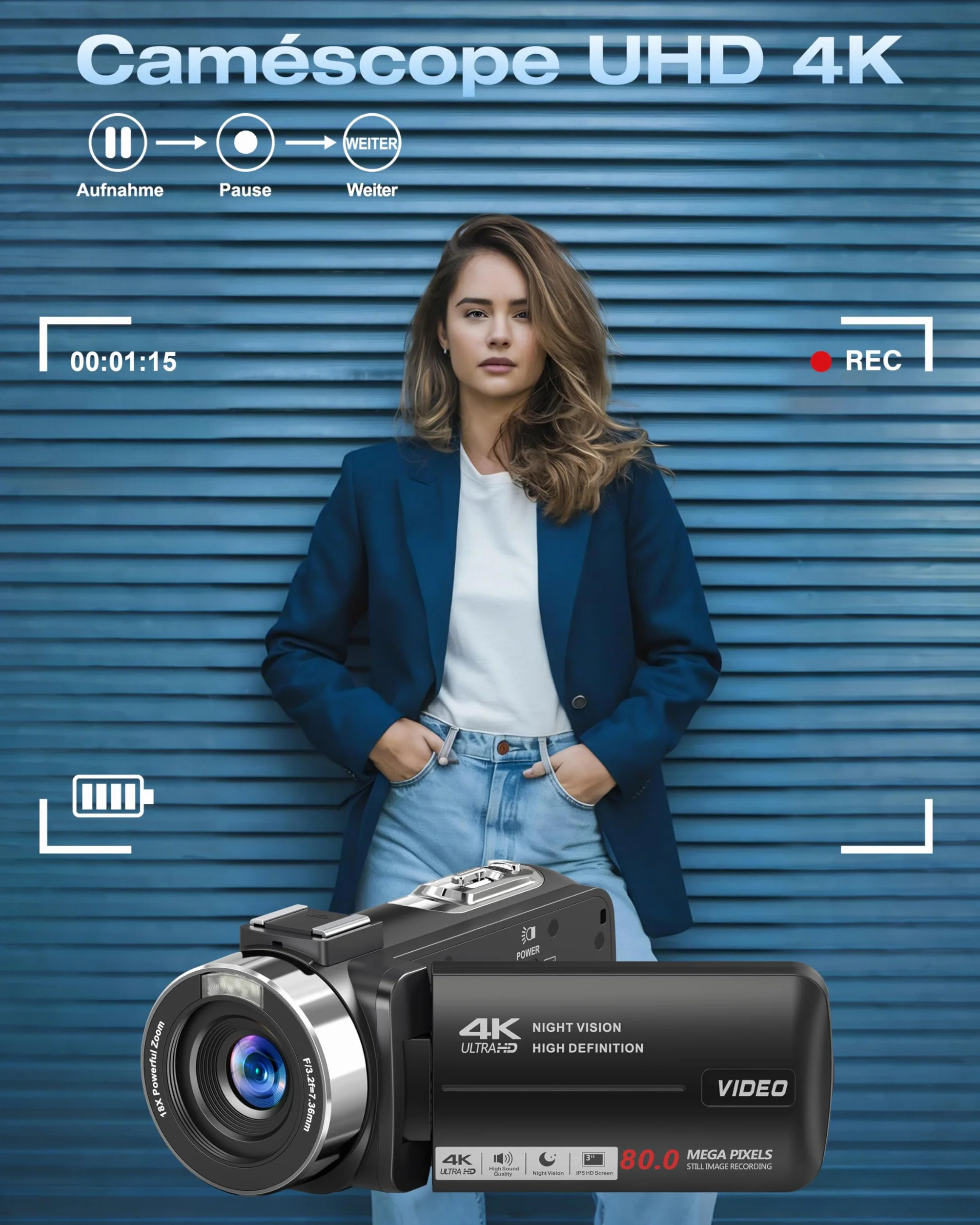 Caméscope 4K 80MP 30FPS Vision Nocturne Infrarouge Zoom 18X Écran IPS 3,0 Pouces avec 2 Piles et Carte SD 32Go