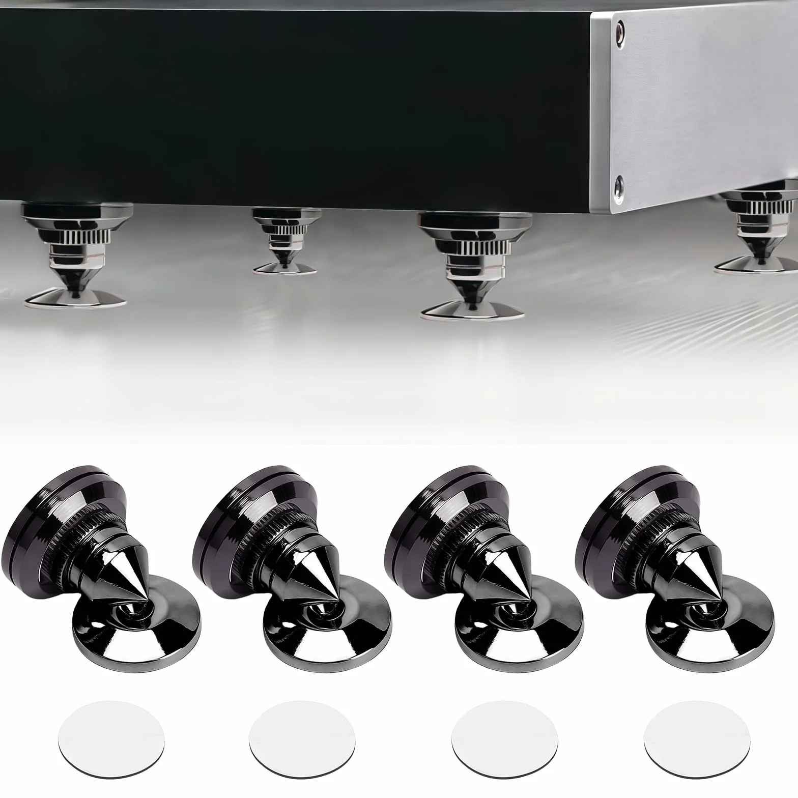 4 pièces pointes pour caisson de basses : pointes de haut-parleur avec 8 tapis antidérapants et 4 coussinets de base, support de haut-parleur anti-vibrations, hauteur non réglable, pics d'enceinte