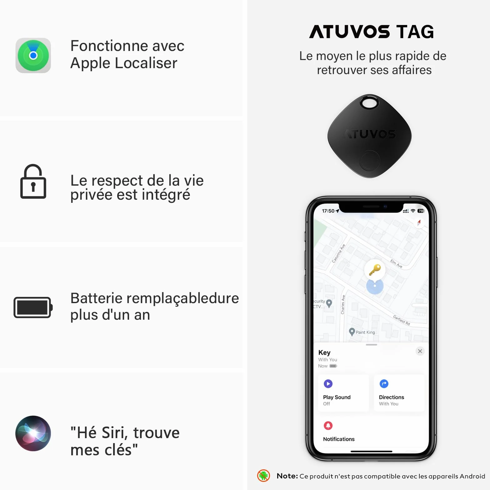 ATUVOS Air Tag Traceur Lot de 4, Fonctionne avec l’app Localiser Apple (Uniquement iOS), Localisateurs D’Objets Bluetooth pour Valises/Portefeuilles/Clés/Sacs/Bagages, Batterie Remplaçable, Noir