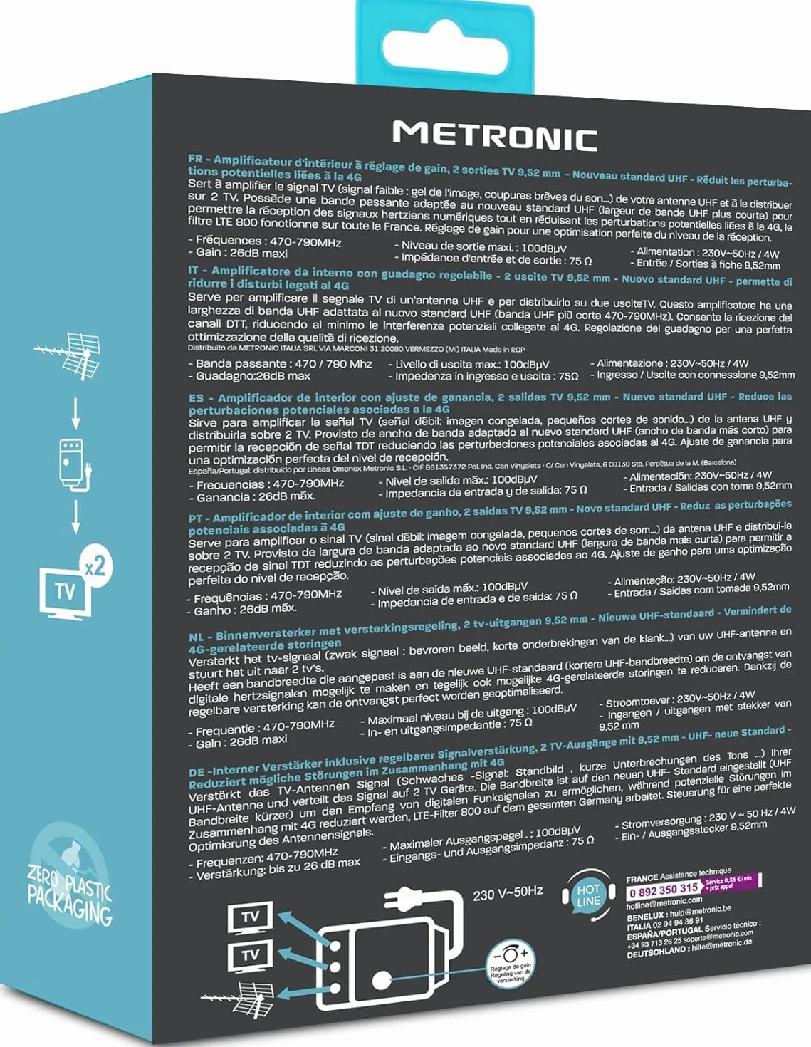 Metronic 332187 Amplificateur TV FM/VHF/UHF numérique terrestre avec Filtre 5G 2x24dB réglable, 1 entrée/2 Sorties, intérieur, 47/694MHz, Blanc