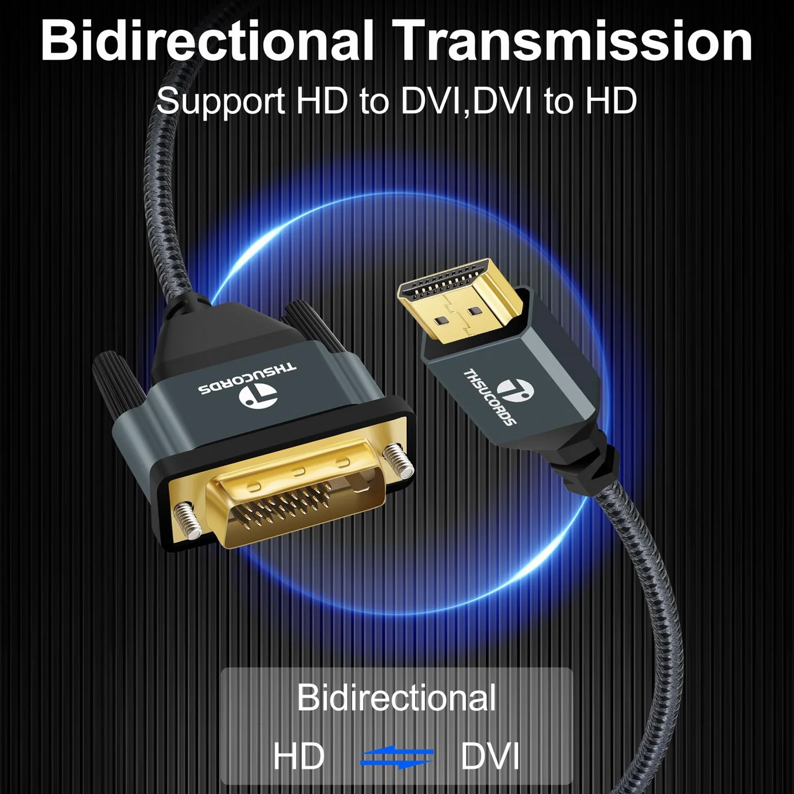 Thsucords Câble HDMI vers DVI 4K 1M, Plaqué et Tressé, Câble DVI vers HDMI Bidirectionnel Compatible avec projecteur, ordinateur Portable, TV, PC, lecteur DVD
