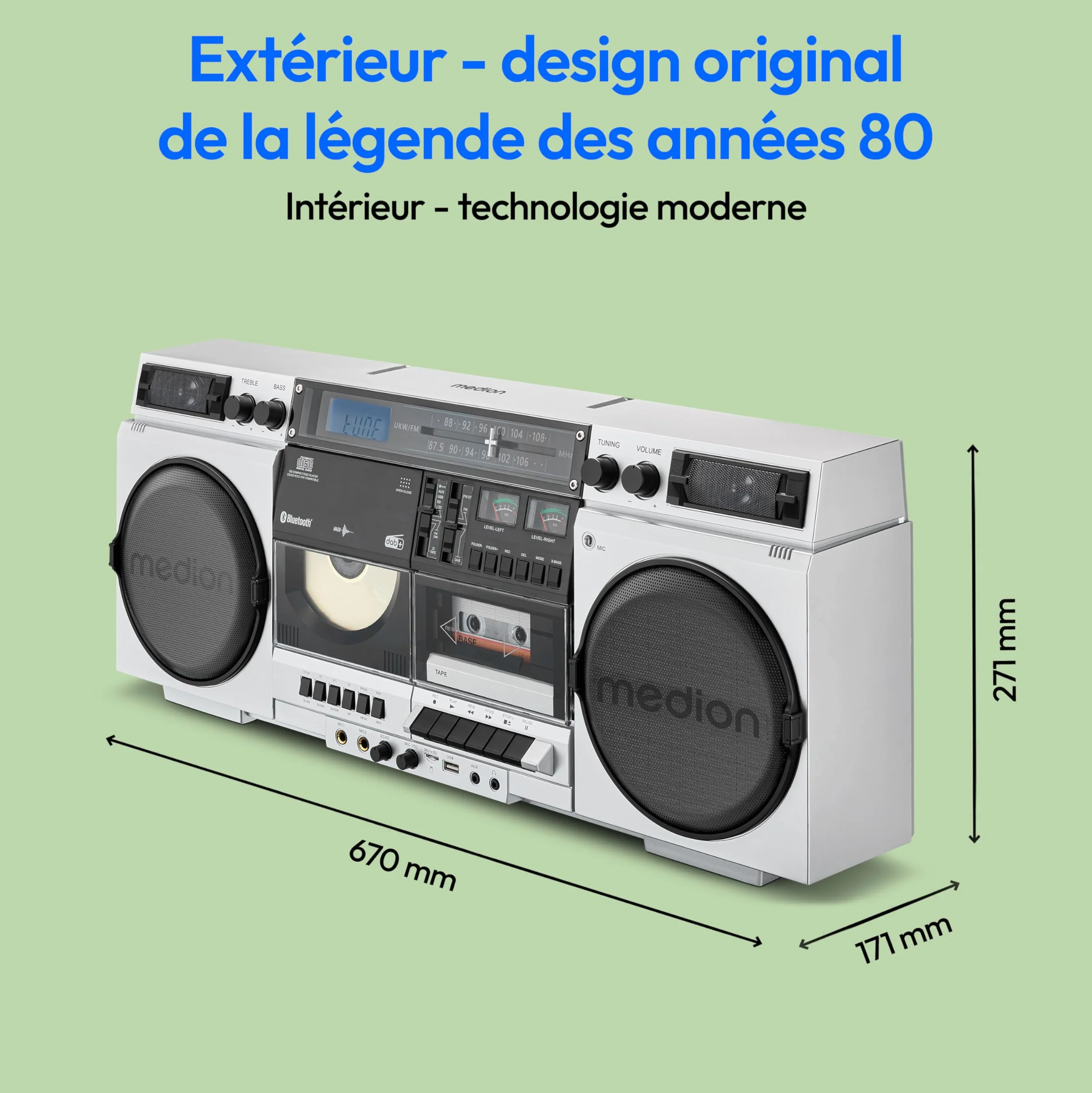 MEDION P66538 Enregistreur à cassettes Ghettoblaster rétro lecteur CD USB SD radio DAB+ Bluetooth platine cassette