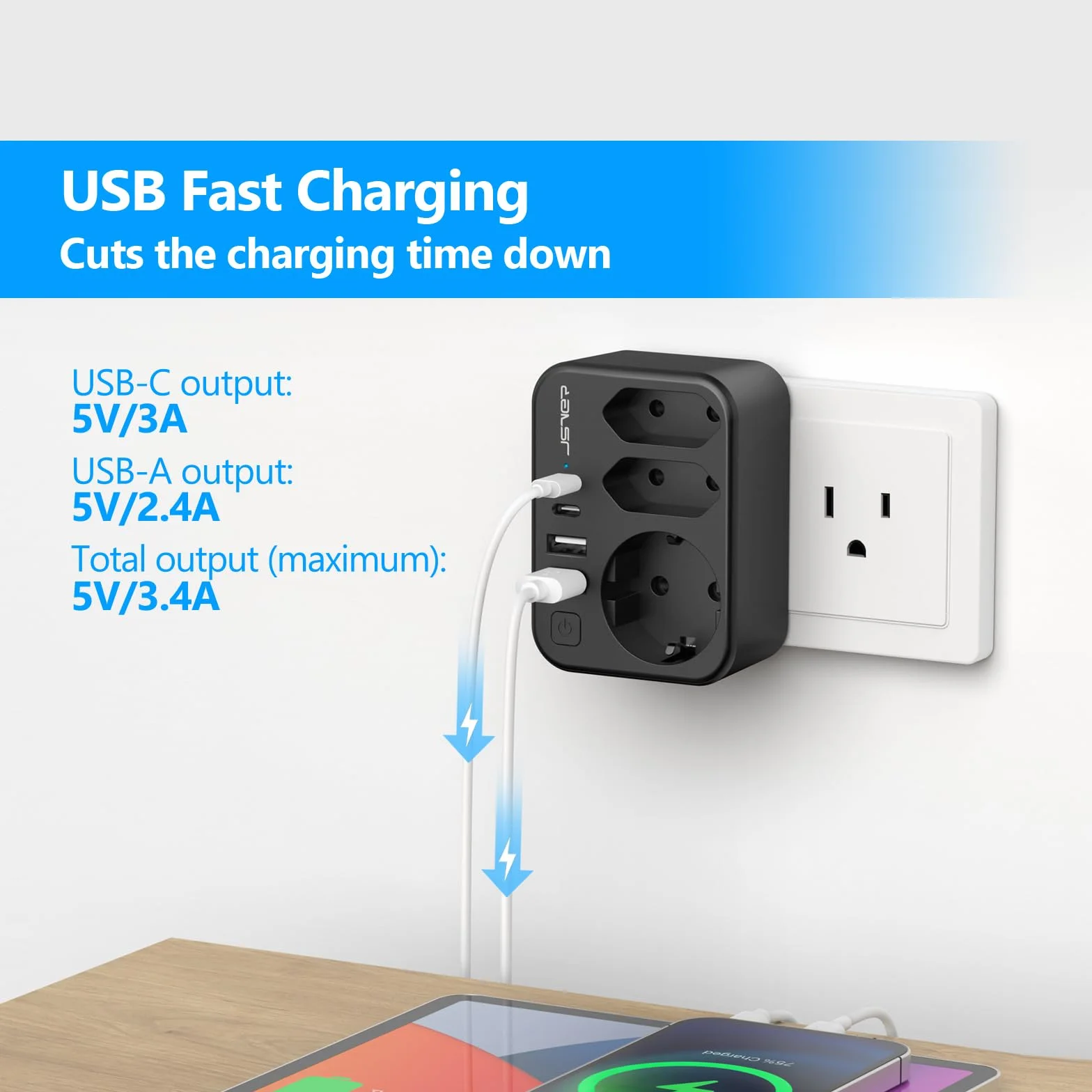 JSVER Adaptateur de Voyage 7 en 1 France vers États-Unis Canada 4 Ports USB 2A+2C Prises Type B Noir