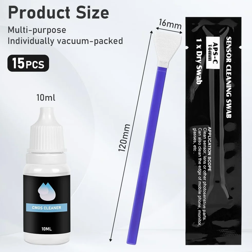 Écouvillon de Nettoyage de Capteur, 16mm Lot de 15 APS-C Écouvillons Nettoyage pour Capteur, pour Les appareils Photo numériques DSLR ou SLR pour Capteur de 10 ML