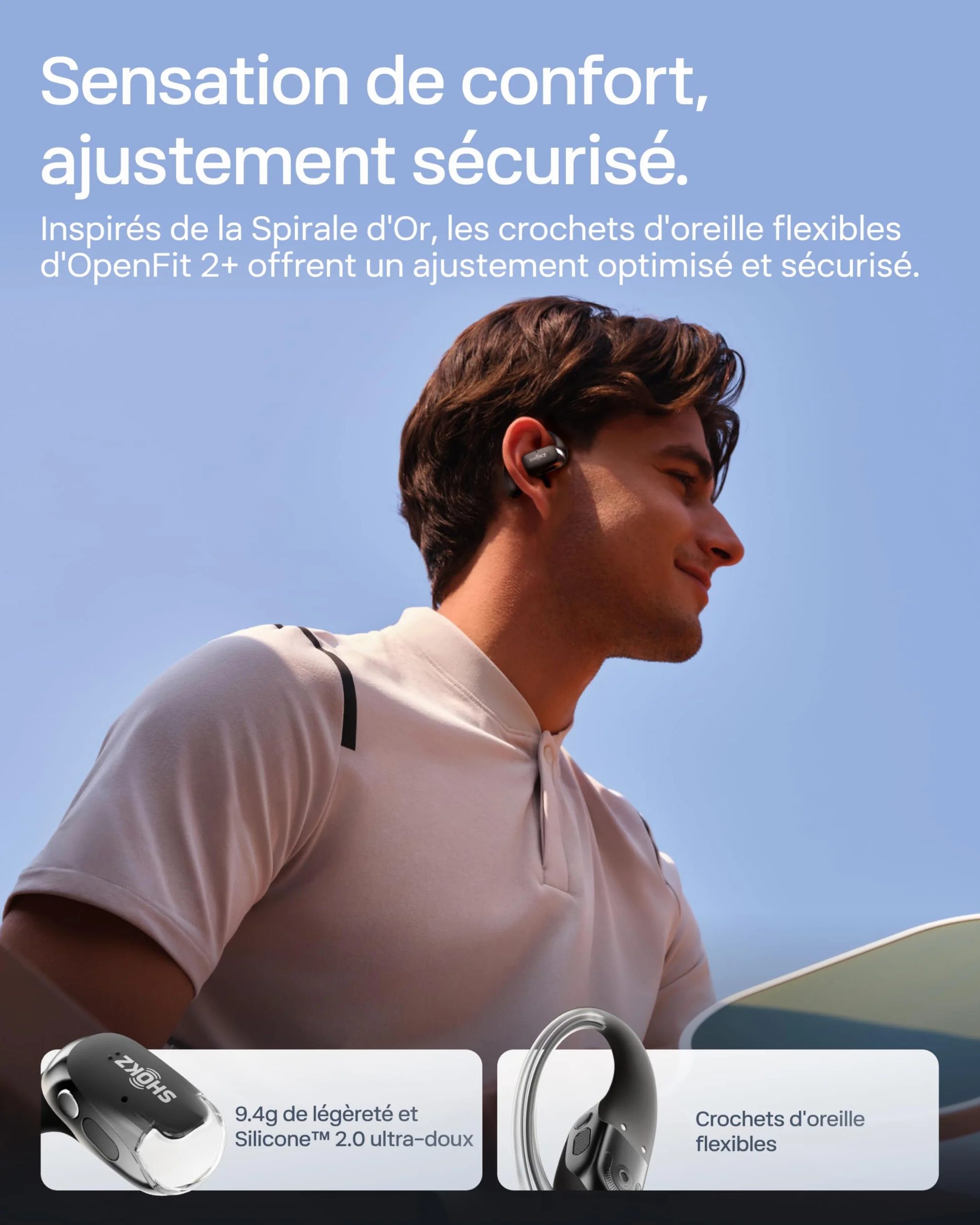 SHOKZ OpenFit 2+ Nouveaux Casques à Oreilles Libres, Dolby Audio, Crochets d’Oreille Souples, 48 Heures d’autonomie, résistance à l’Eau IP55, Recharge sans Fil, avec Sac de Transport, Noir