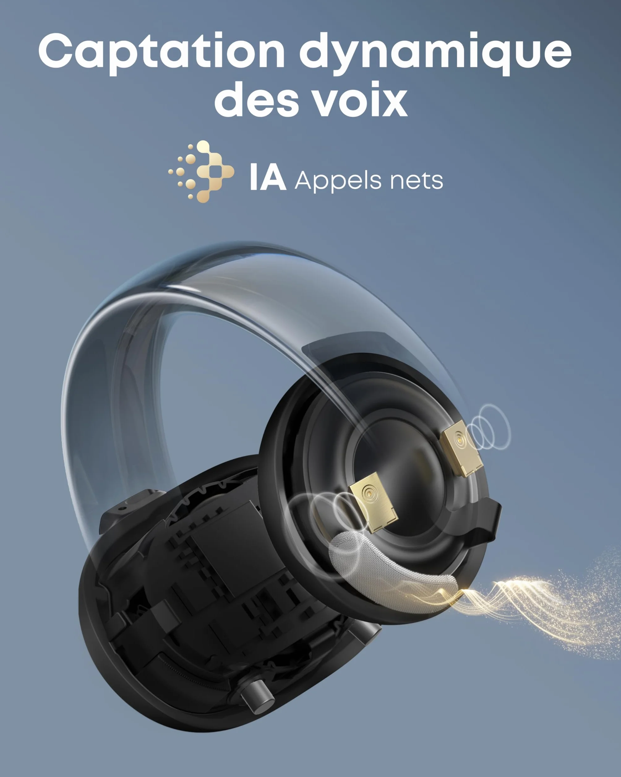 soundcore AeroClip by Anker, écouteurs Oreilles Libres à Clip, Confort adaptatif, appels clairs avec 4 micros et IA, Stables, Haut-parleurs de 12 mm, Design en Anneau Ouvert