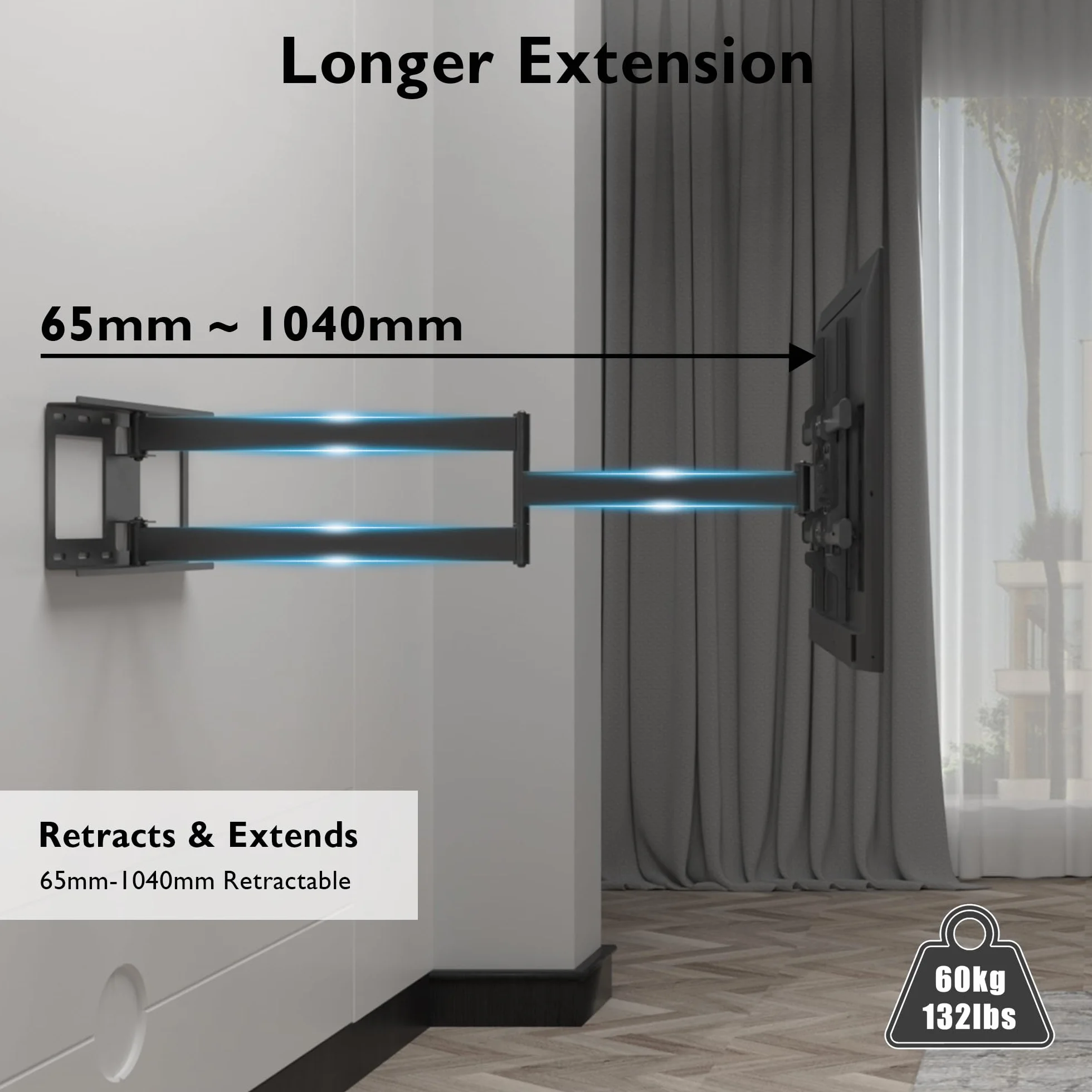 BONTEC Support Mural TV à Extra Longue Portée 1040 mm pour Écrans Plats/Incurvés LCD/LED/OLED de 32 à 75 Pouces jusqu'à 60 kg, Support TV Mural Pivotant, Inclinable et Rotatif, Max VESA 600x400 mm