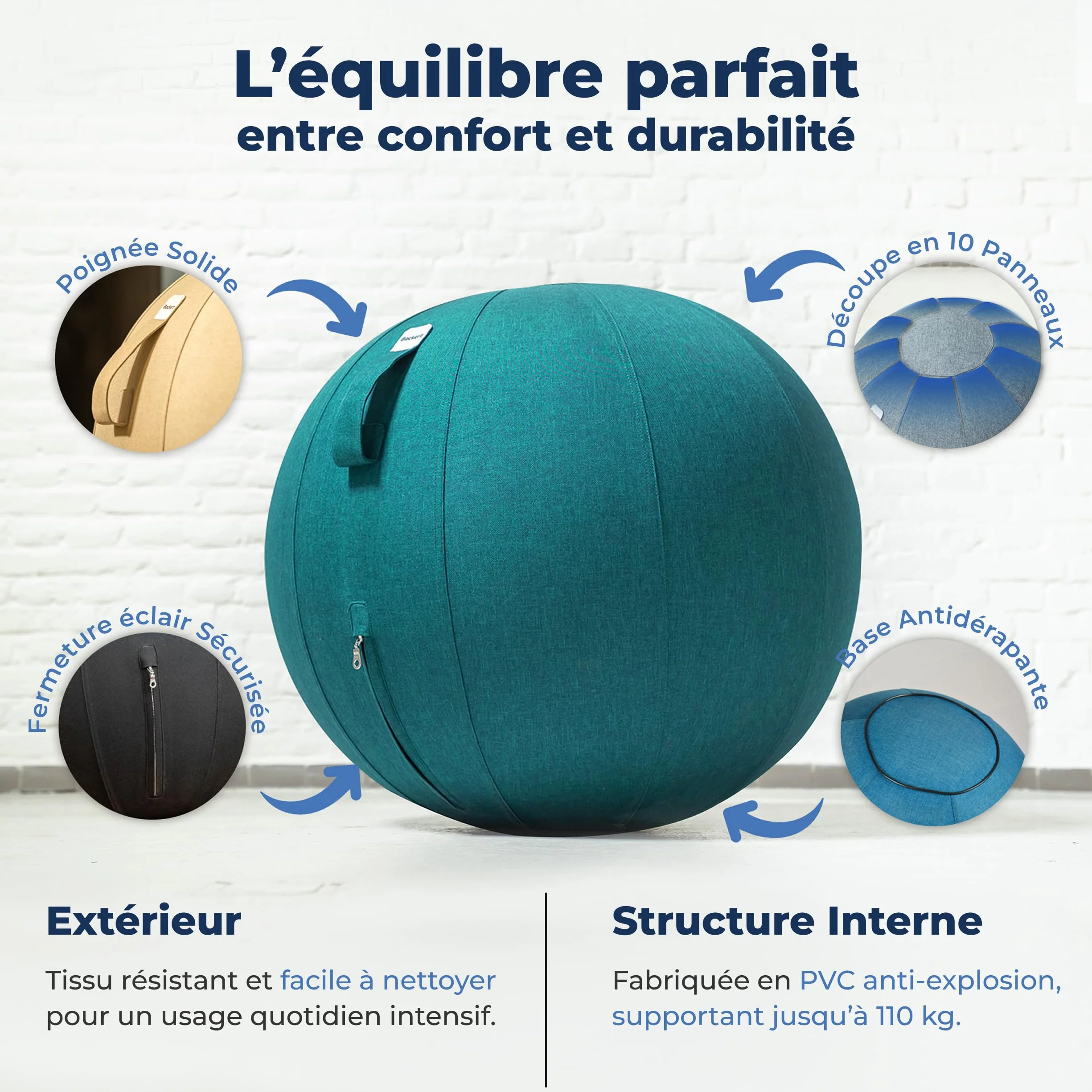 Ballon Ergonomique Bureau 55CM 65CM 75CM Capacité 110kg Housse Lin Lavable Bonne Posture
